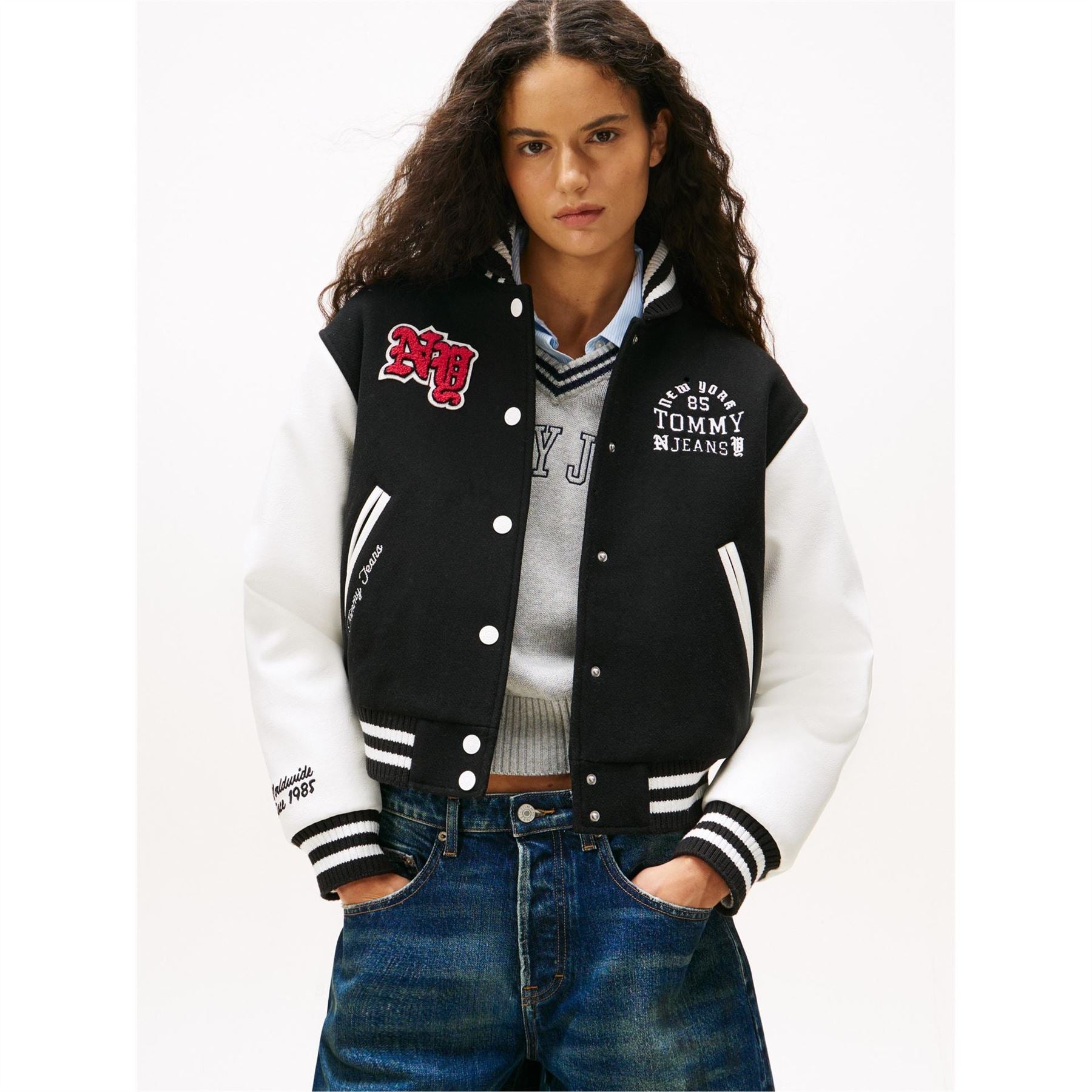 Tommy Jeans Varsity Snap Button Embroidered Ribbed Cuff Jacket