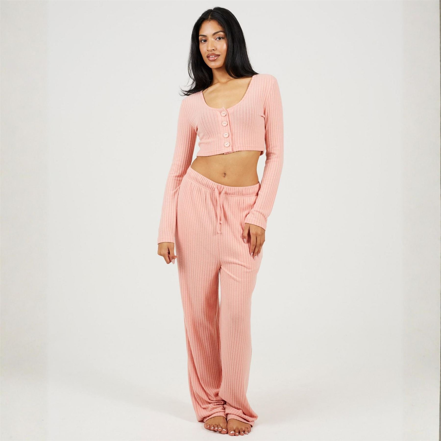 Brave Soul Womens Long Sleeve Cropped Top And Matching Trouser Lounge Set