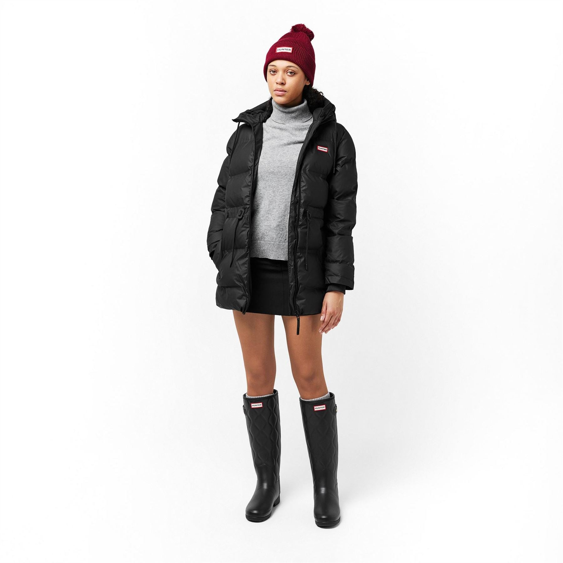 Hunter Sonic Solid Patterned Hooded Drawstring Zipped Pocket Puffer Jacket