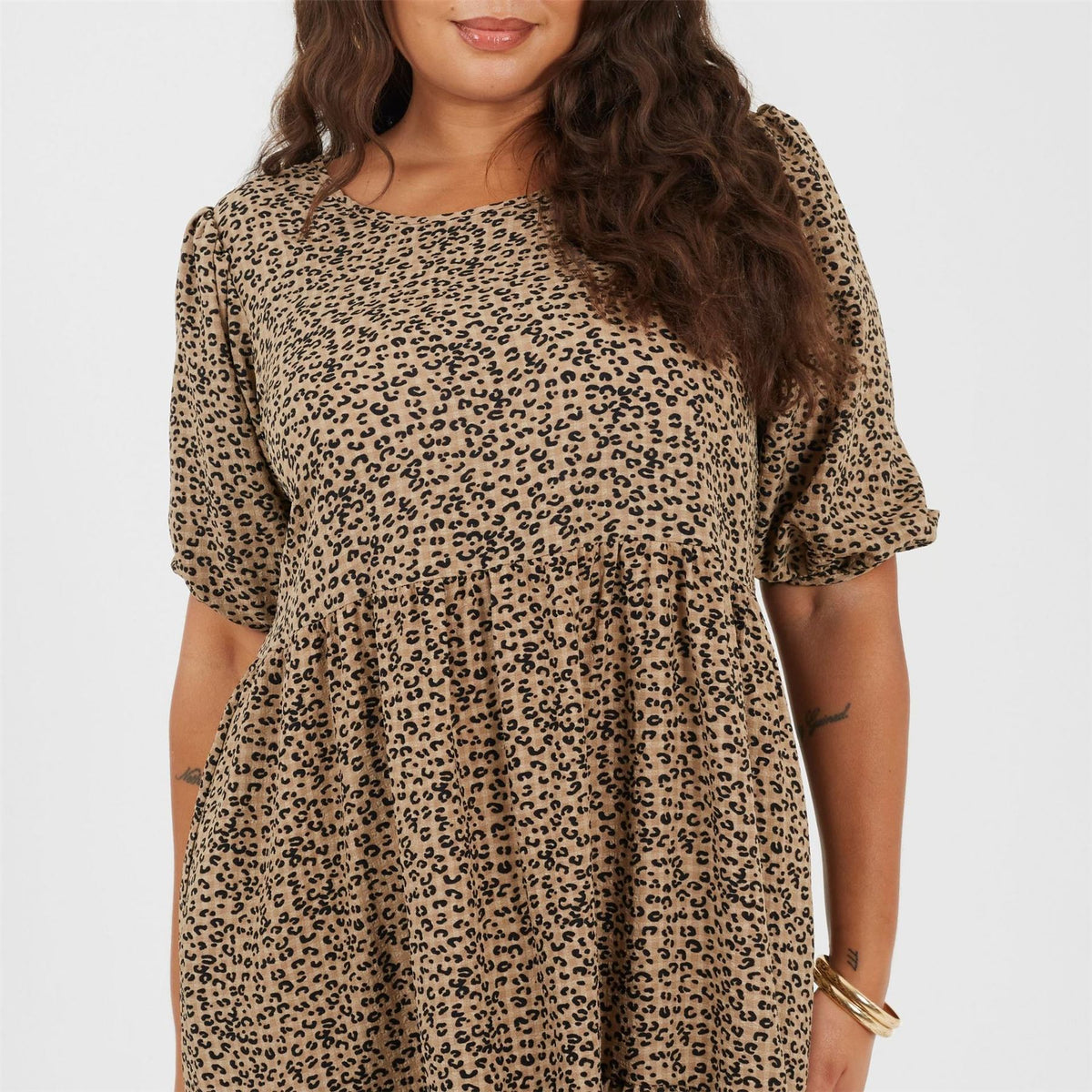 Brave Soul Plus Size Short Sleeve Animal Print Midi Dress With Tiered Hem