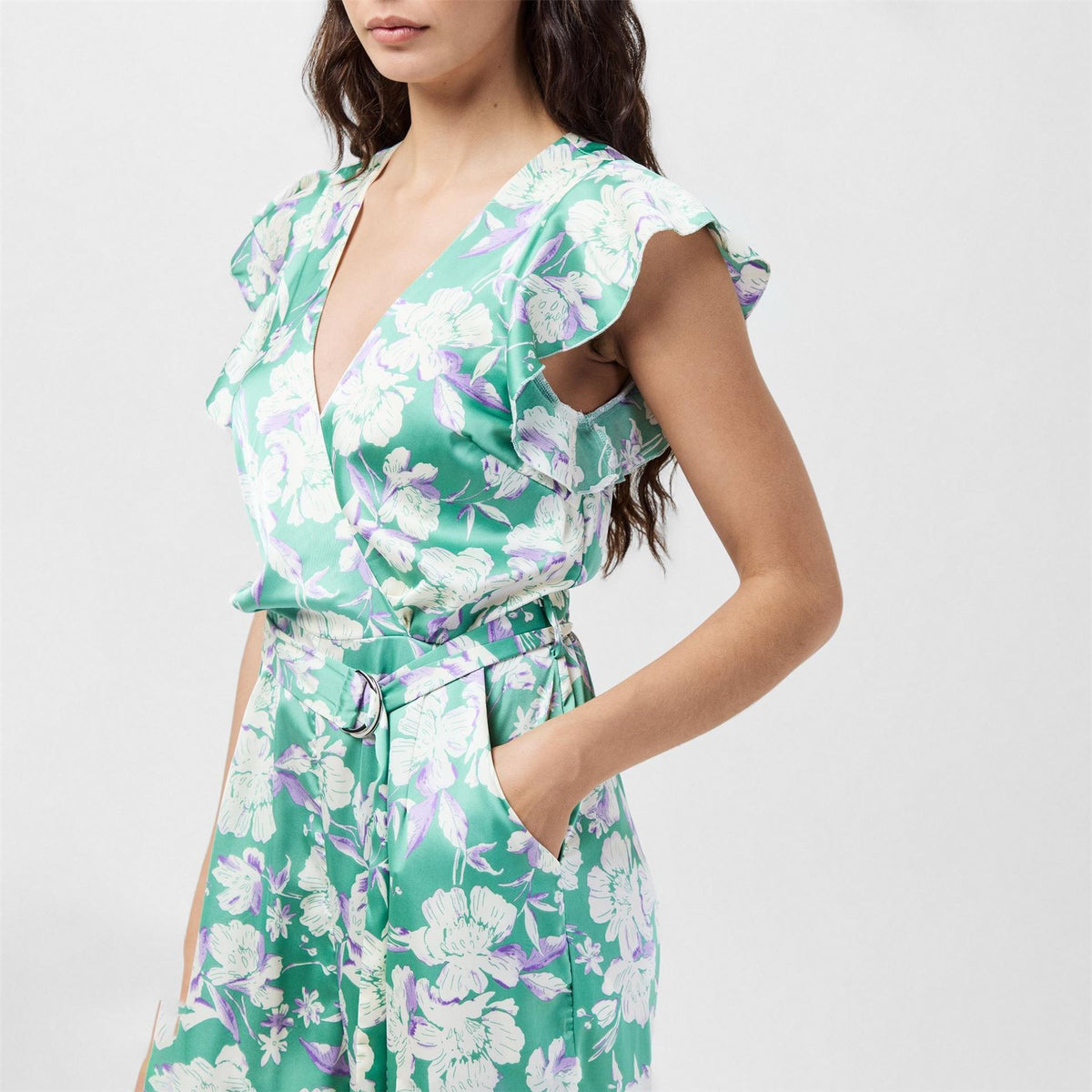 AX Paris Printed Wrap Front Frill Sleeve Belted Jumpsuit