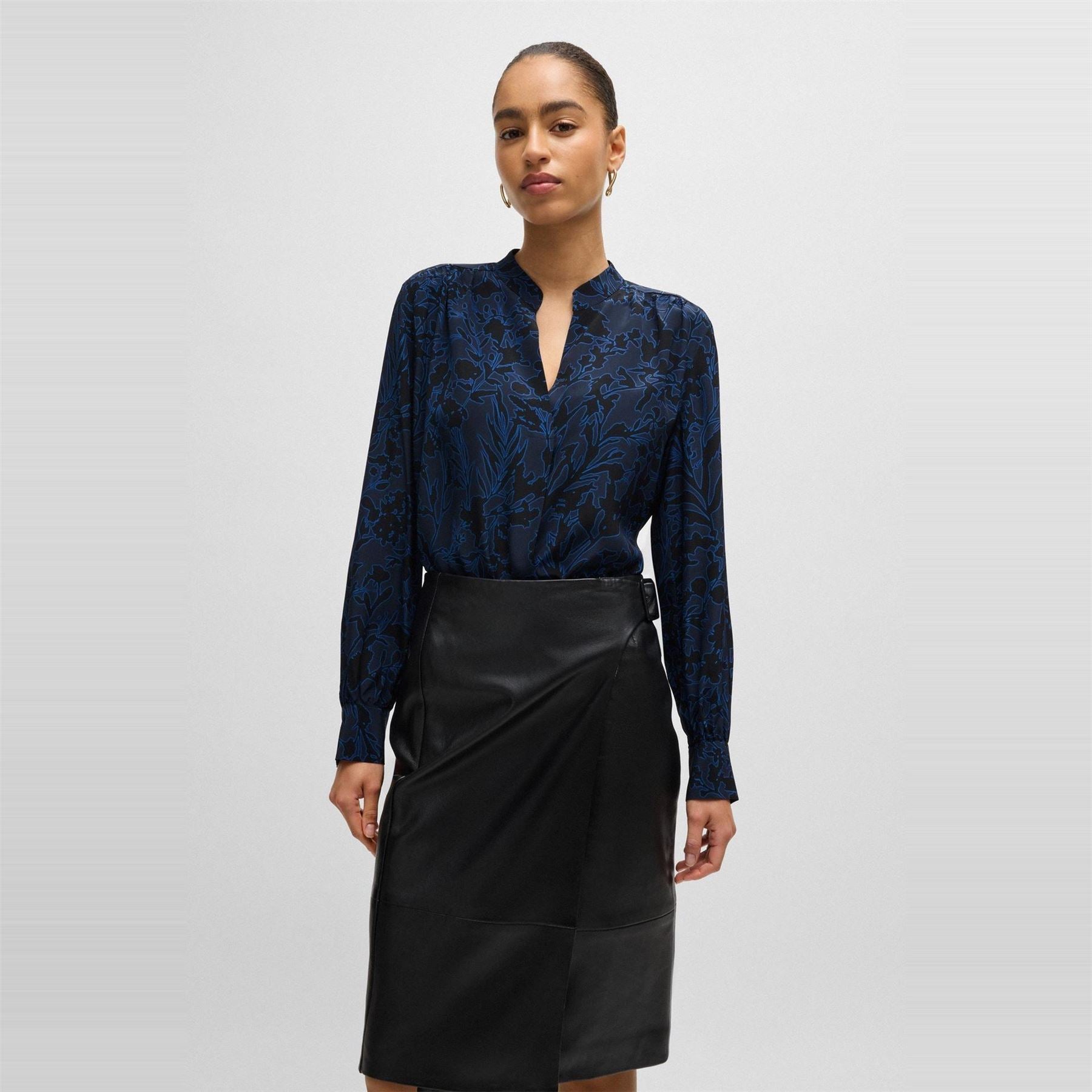 Boss Notched Neck Band Collar Long Sleeve Blouse