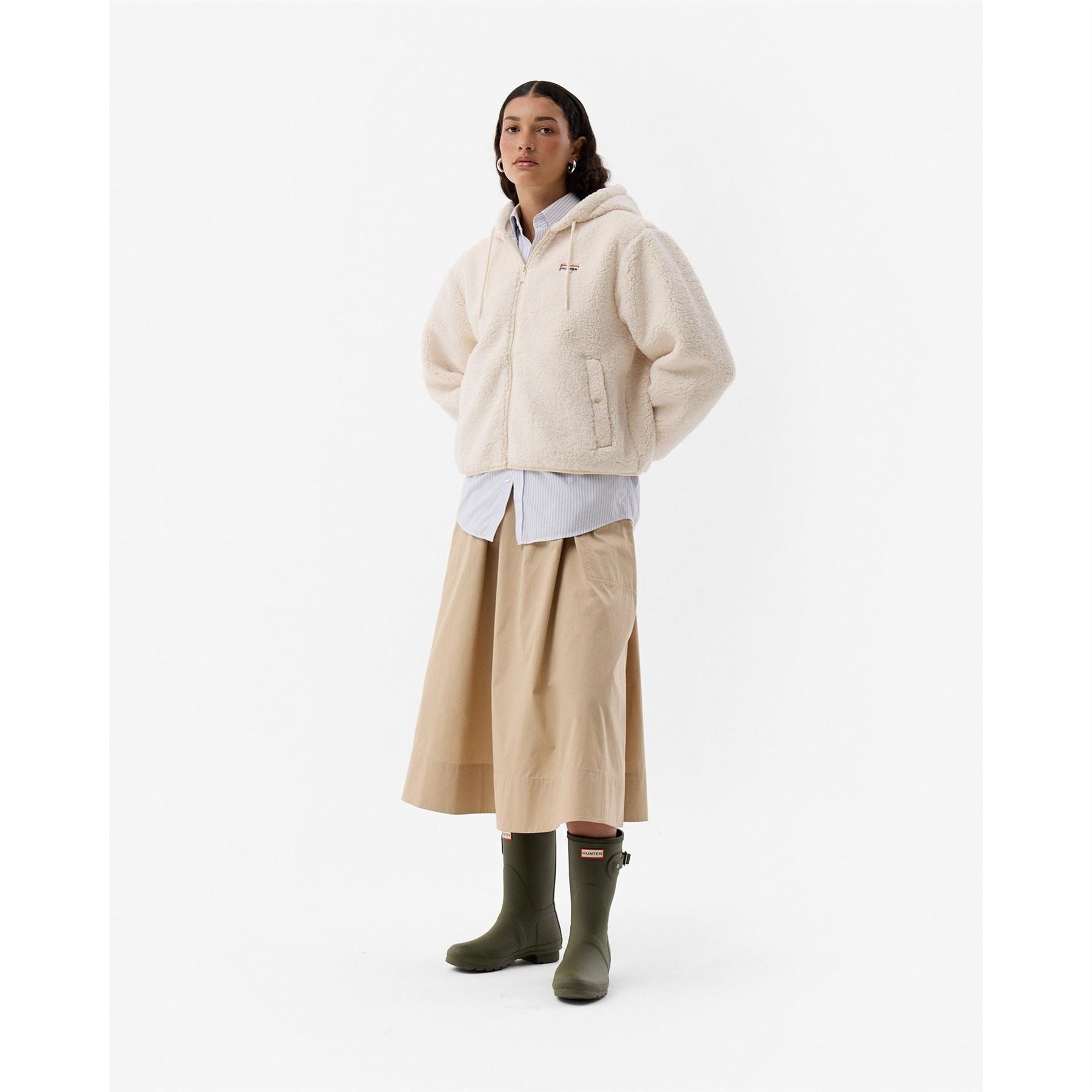 Hunter Borg Solid Patterned Hooded Full Zipper Sherpa Jacket