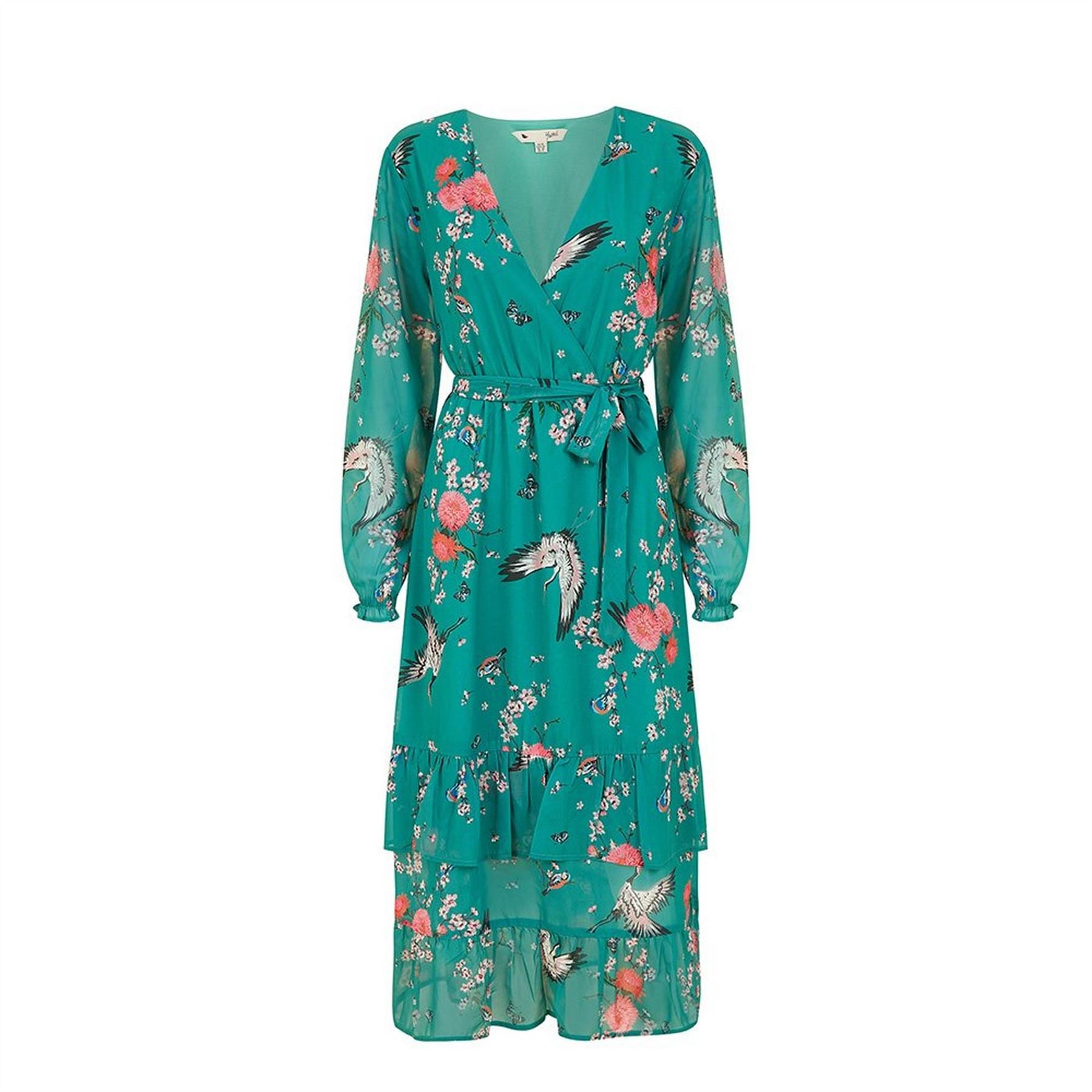 Yumi Crane Print V-Neck Midi Wrap Dress