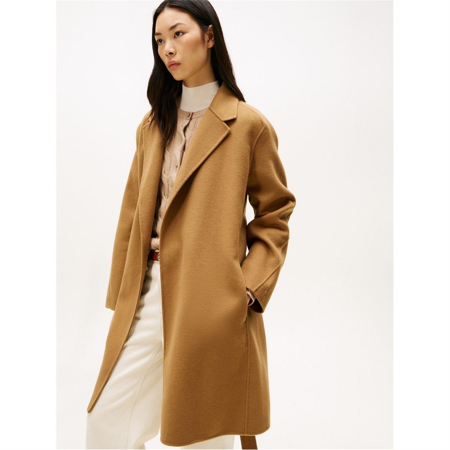 Tommy Hilfiger Solid Patterned Lapel Collared Belted Over Coat