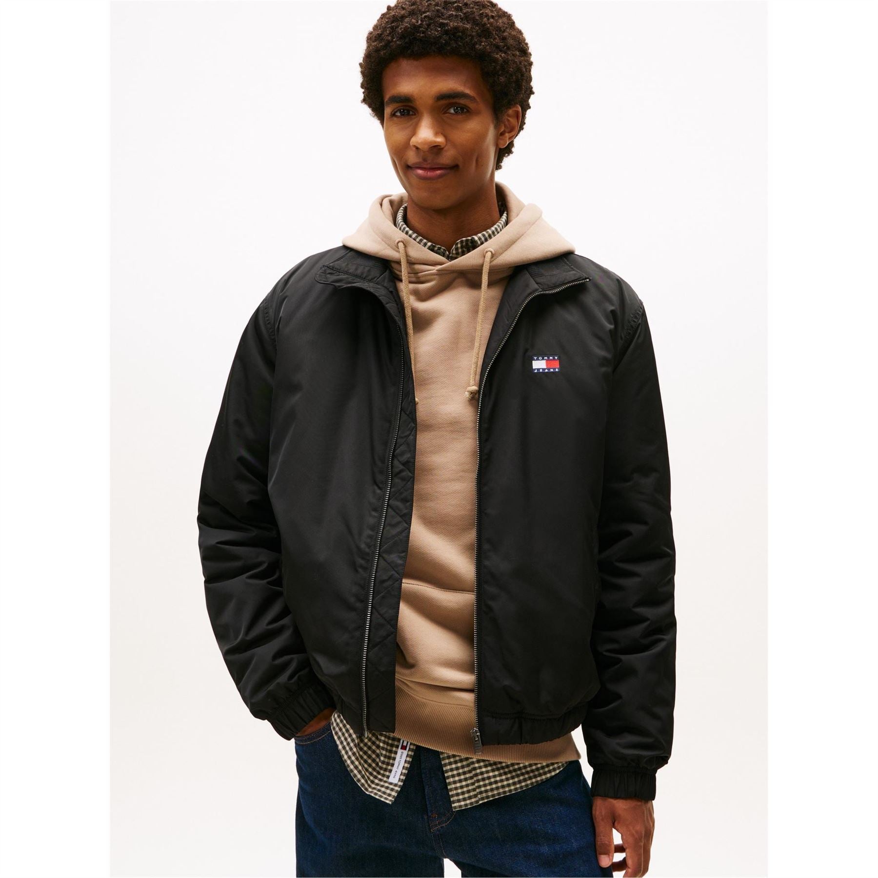 Tommy Jeans Solid Patterned Ribbed Cuff Mock Neck Harrington Jacket