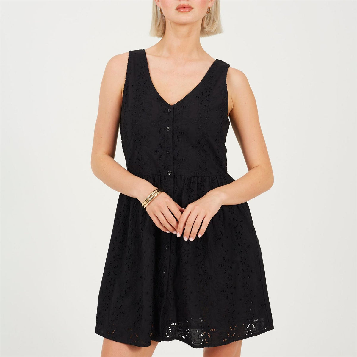 Brave Soul Broiderie Mini Dress With Button Fastening