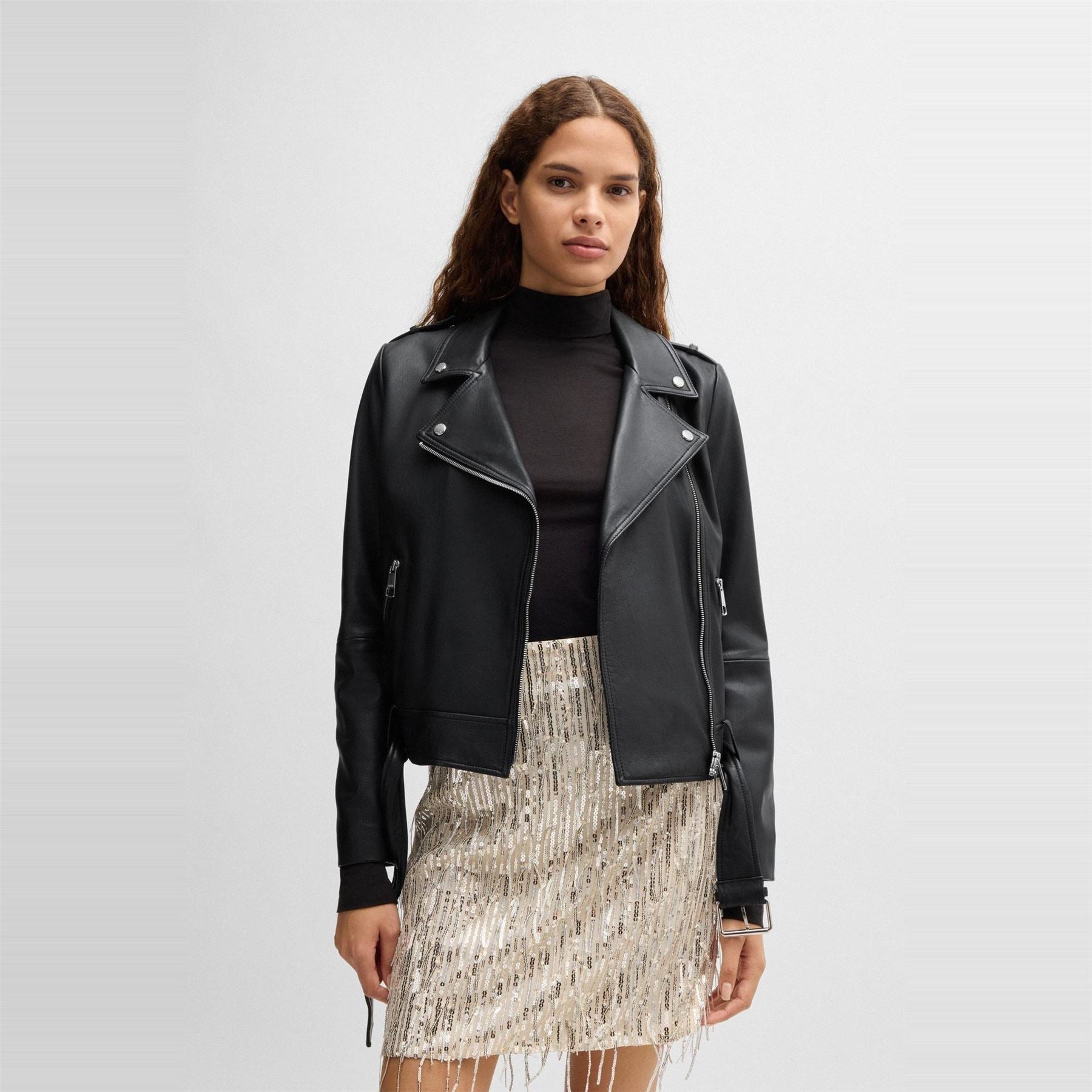 Boss Solid Patterned Asymmetric Zipper Lapel Collared Bike Jacket