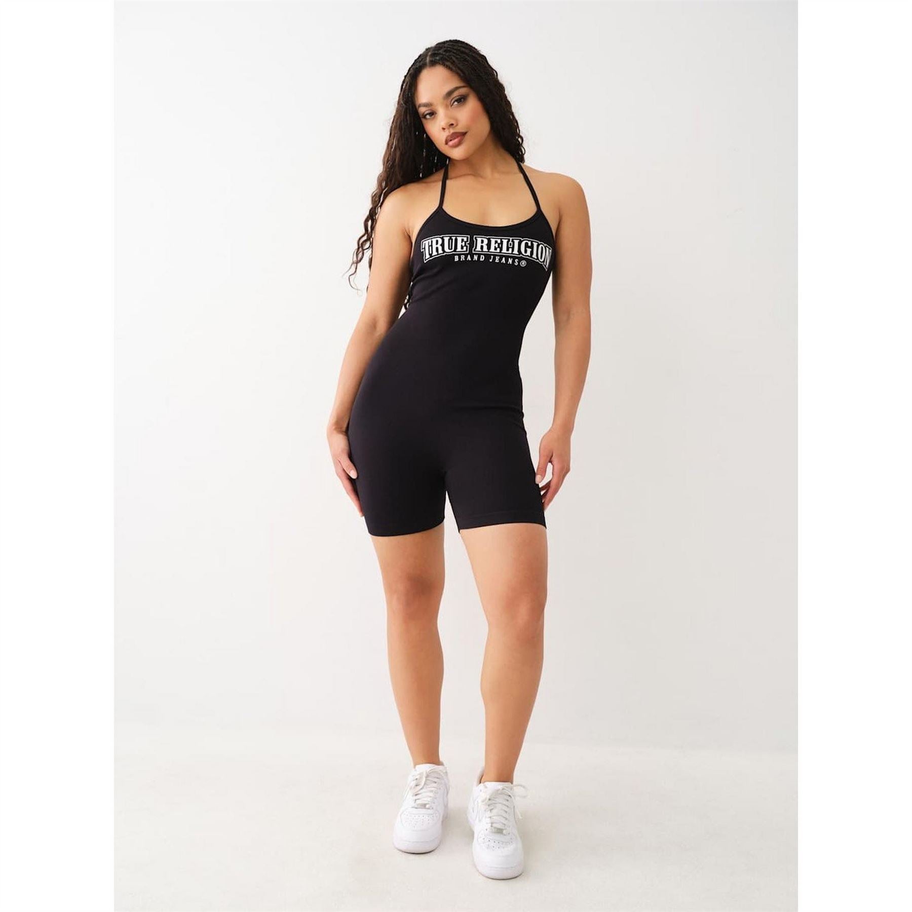 True Religion Halter Neck Lettering Sleeveless Solid Patterned Romper