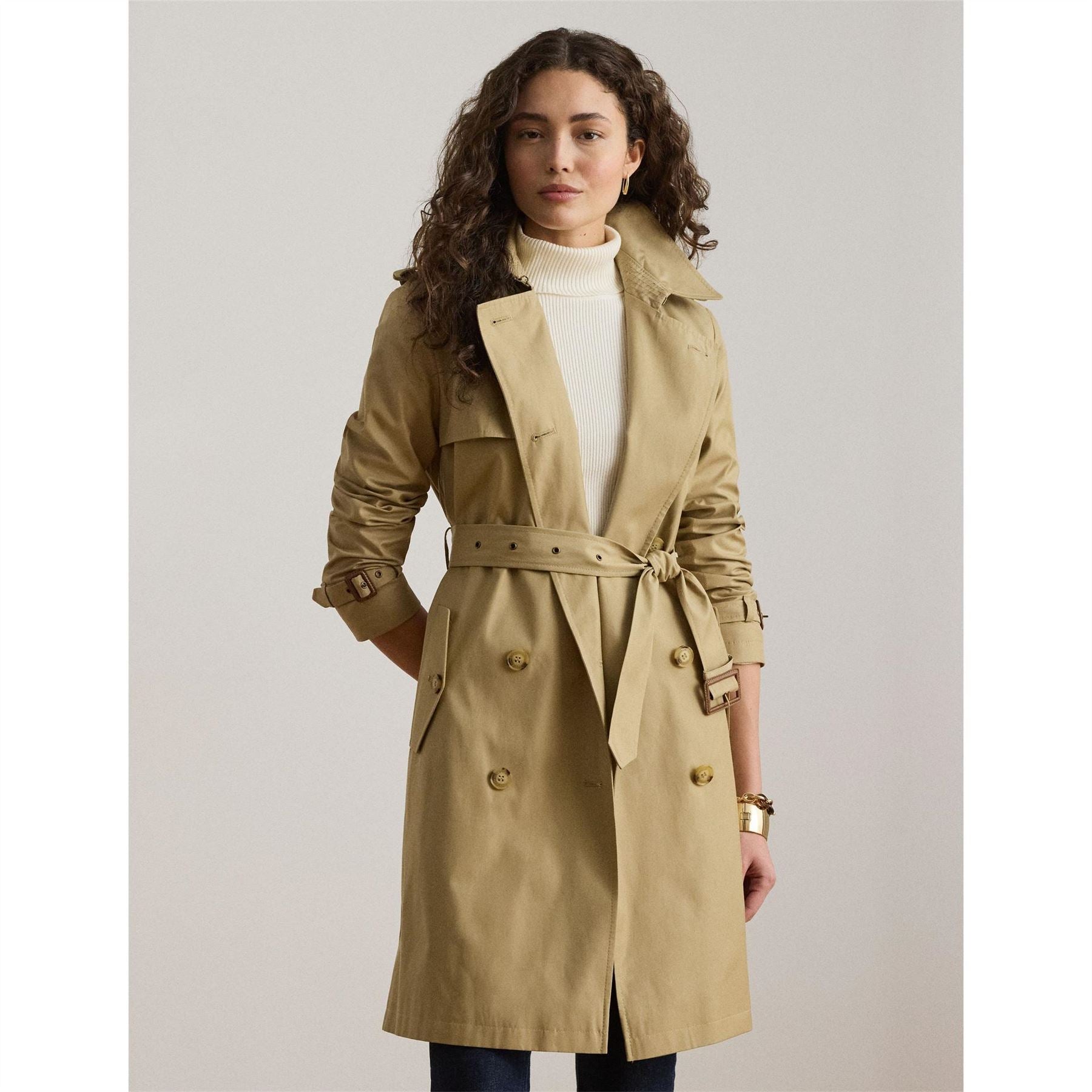 Lauren by Ralph Lauren Solid Patterned Trench Coat with Button Placket and Storm Flap