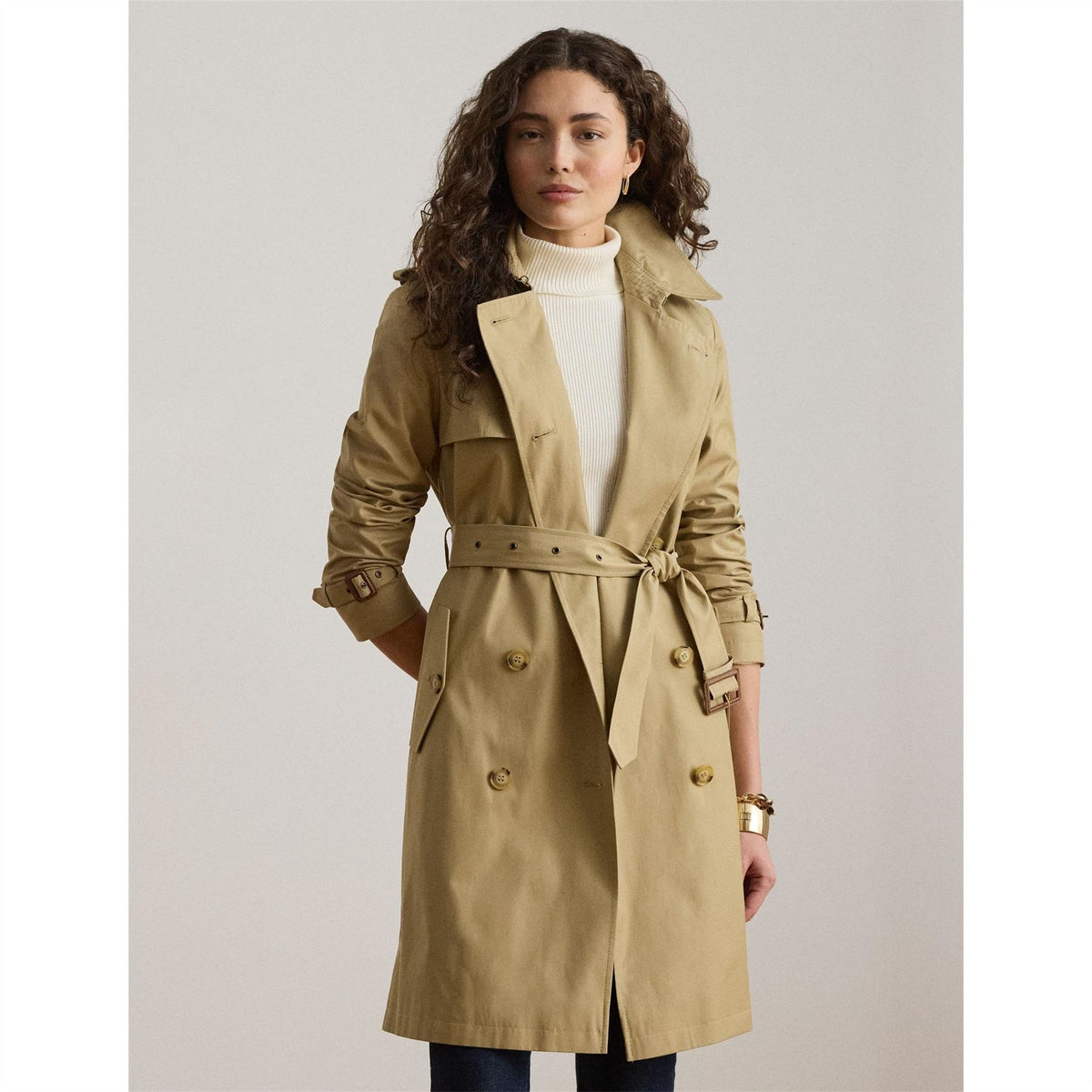Lauren by Ralph Lauren Solid Patterned Trench Coat with Button Placket and Storm Flap