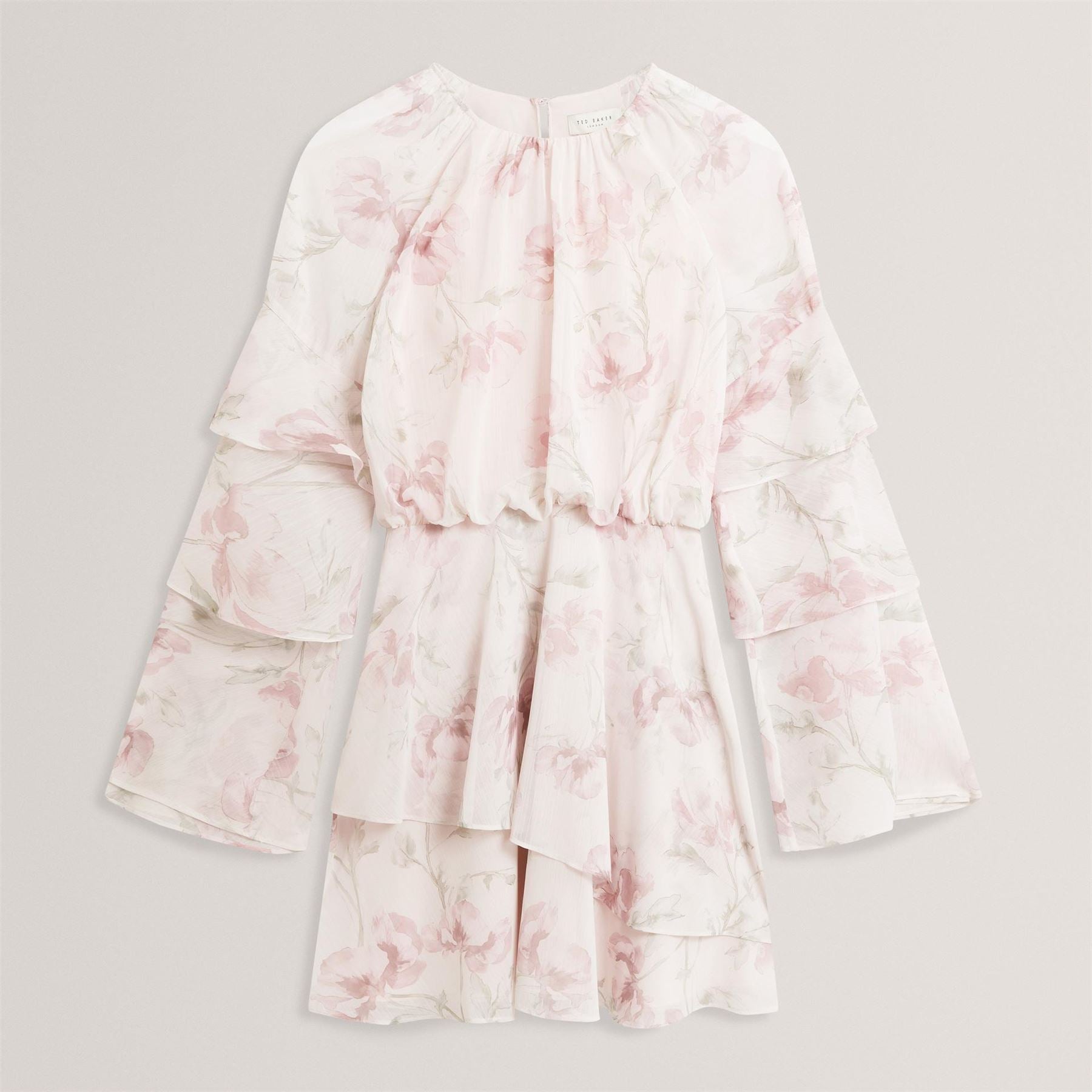 Ted Baker Baker Rose Print Frilled Long Sleeve Mini Dress