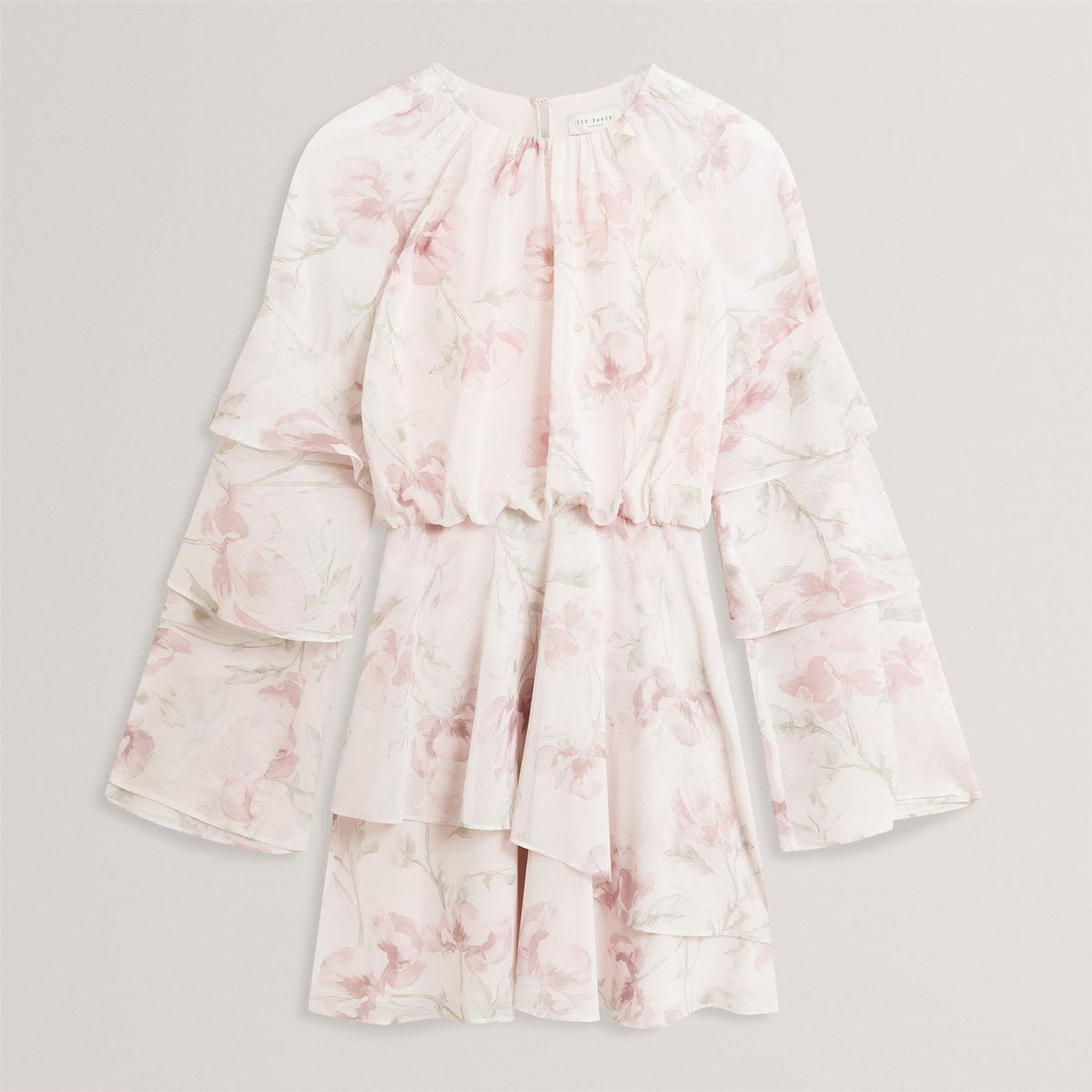 Ted Baker Baker Rose Print Frilled Long Sleeve Mini Dress