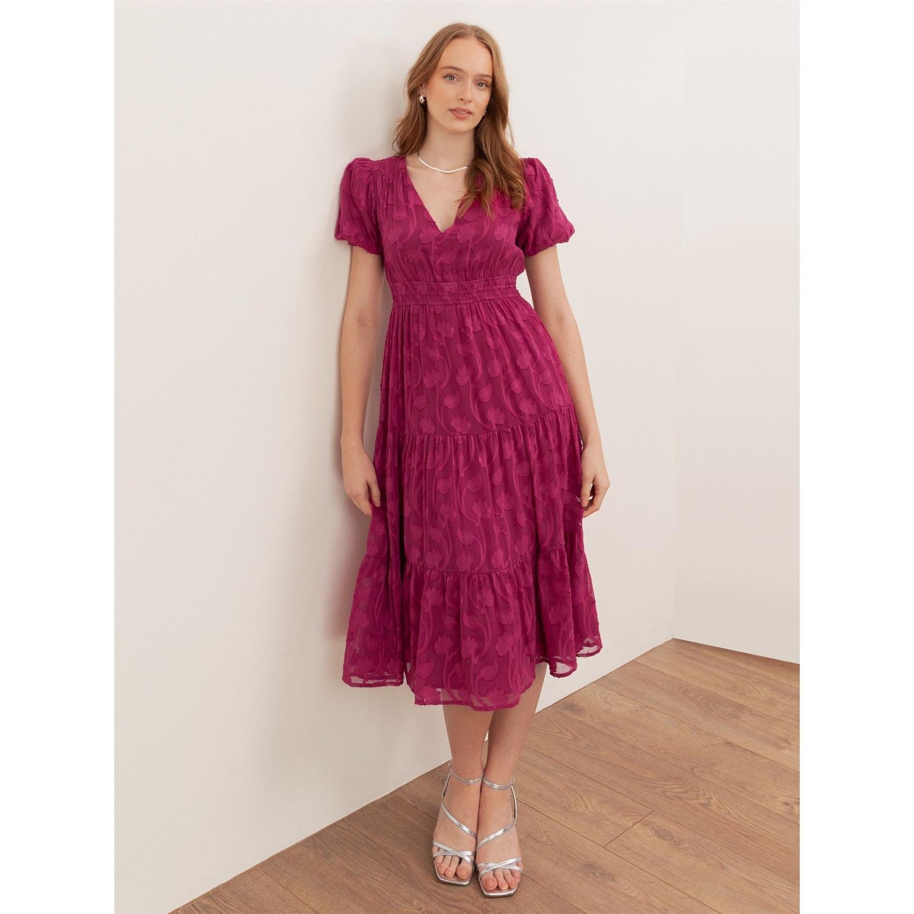 Lovedrobe Fuchsia Short Sleeve Floral Burnout Midi Dress