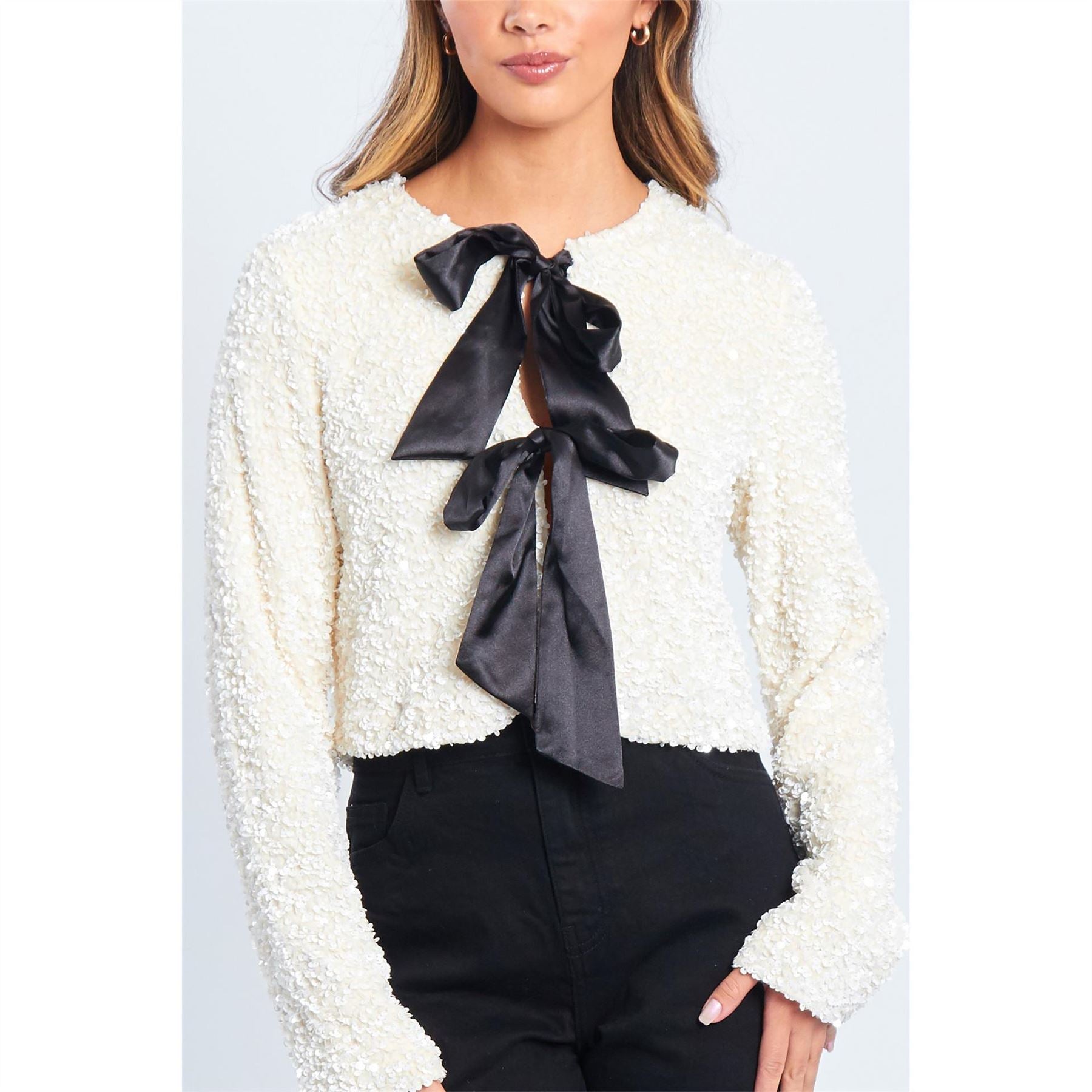 Be You Sequin Bow Crew Neck Long Sleeve Top