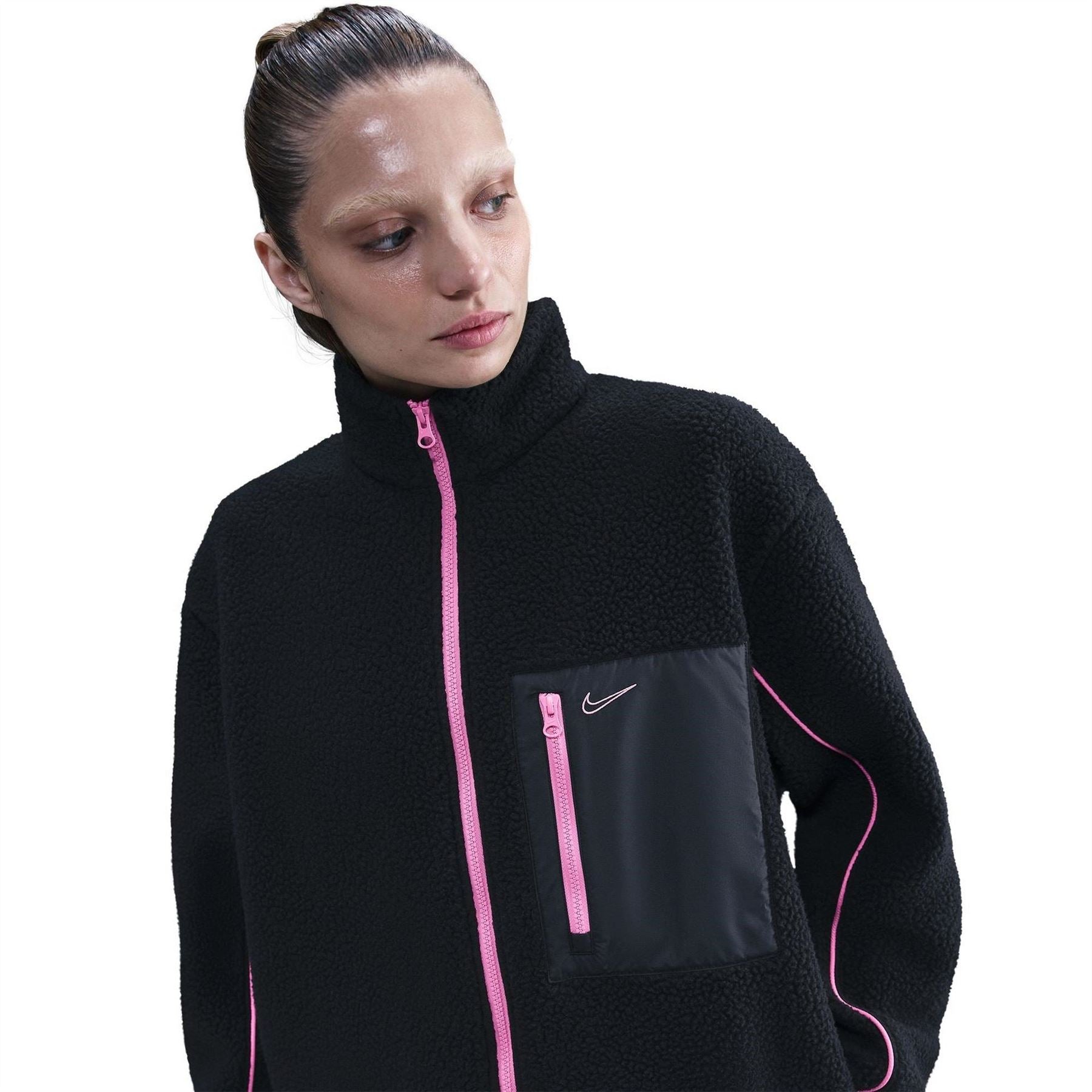 Nike Sherpa Full Zipper Solid Patterned Jacket