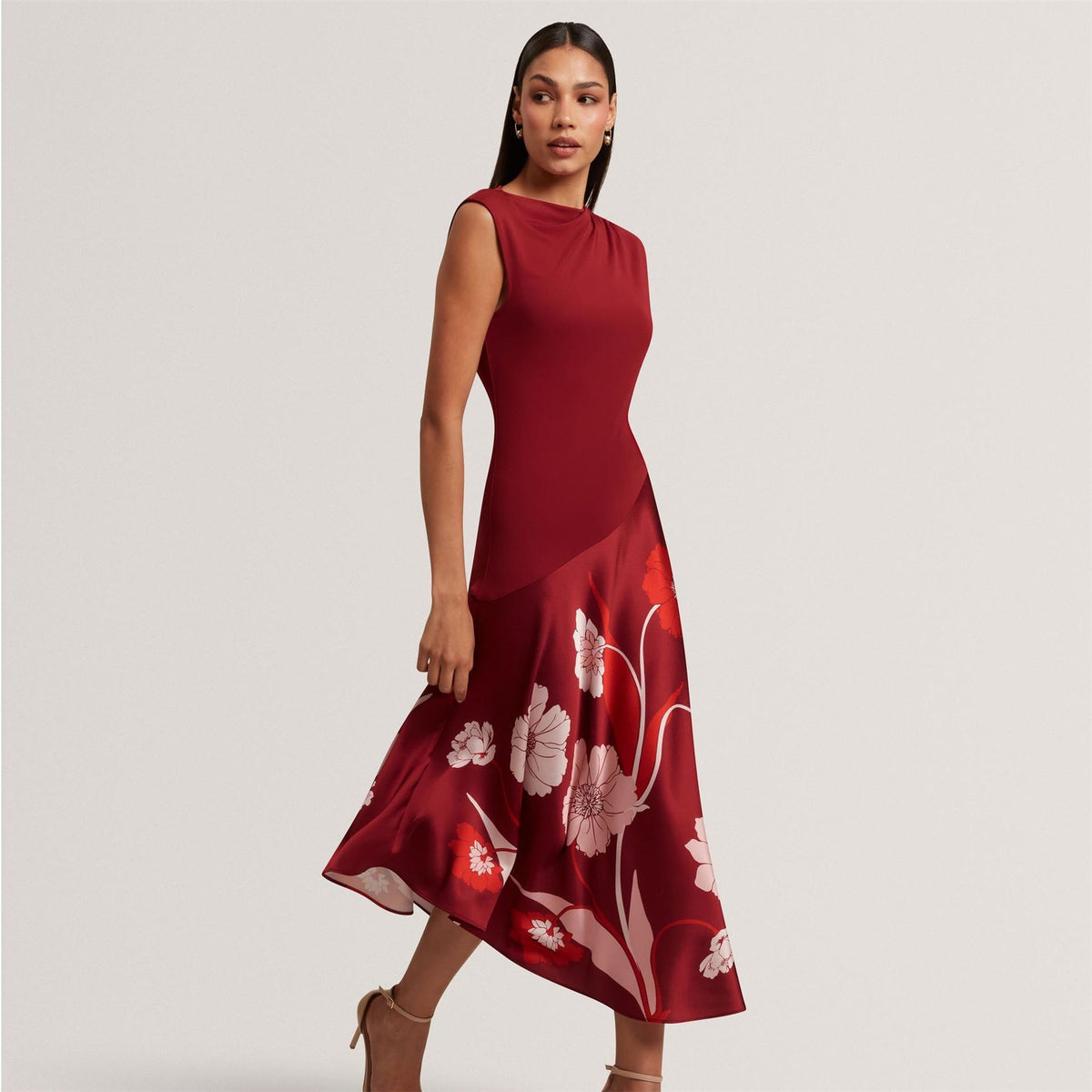 Ted Baker Printed Jersey Midi Dress With Satin Skirt