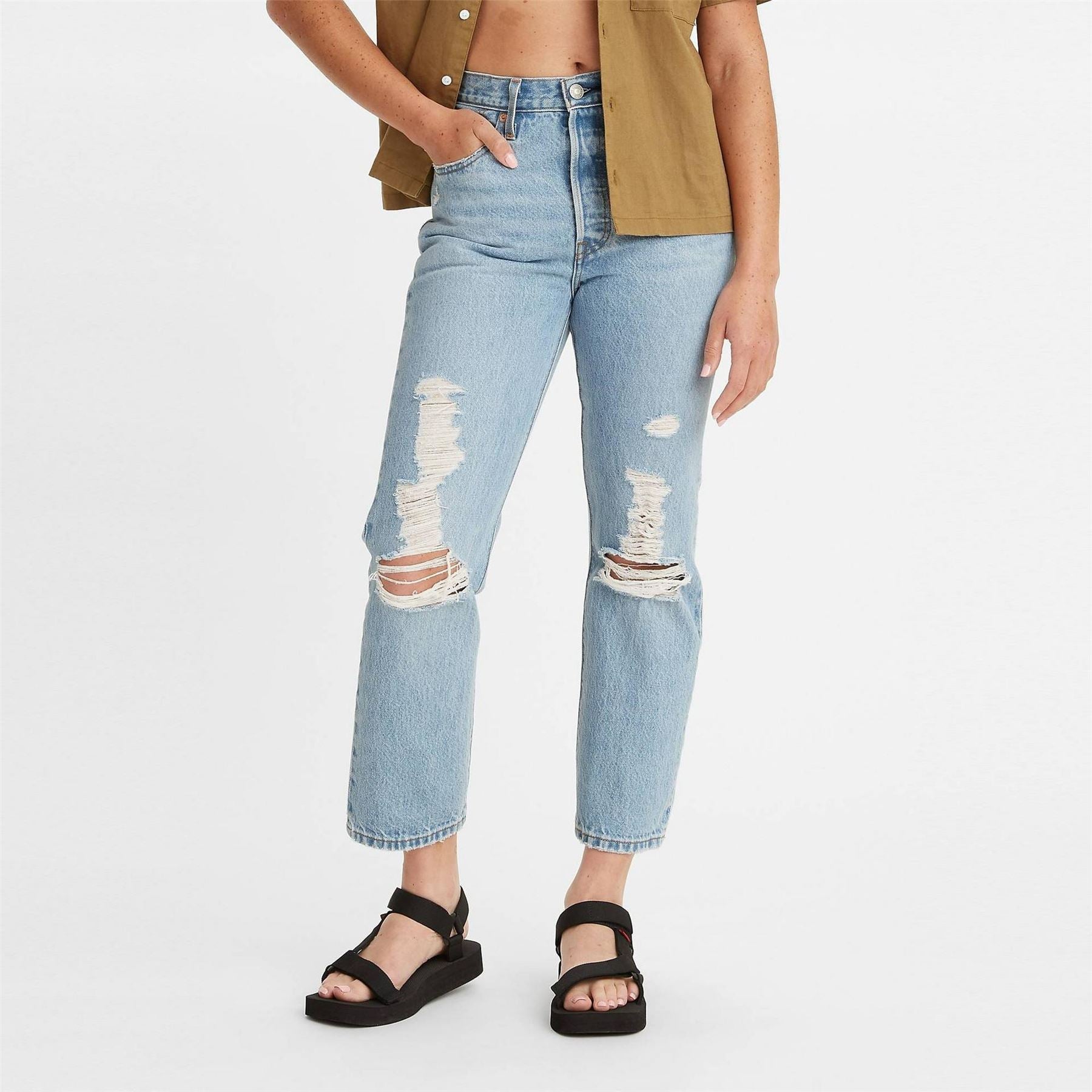 Levis 501 Cropped Mid Rise Cotton Straight Leg Jeans
