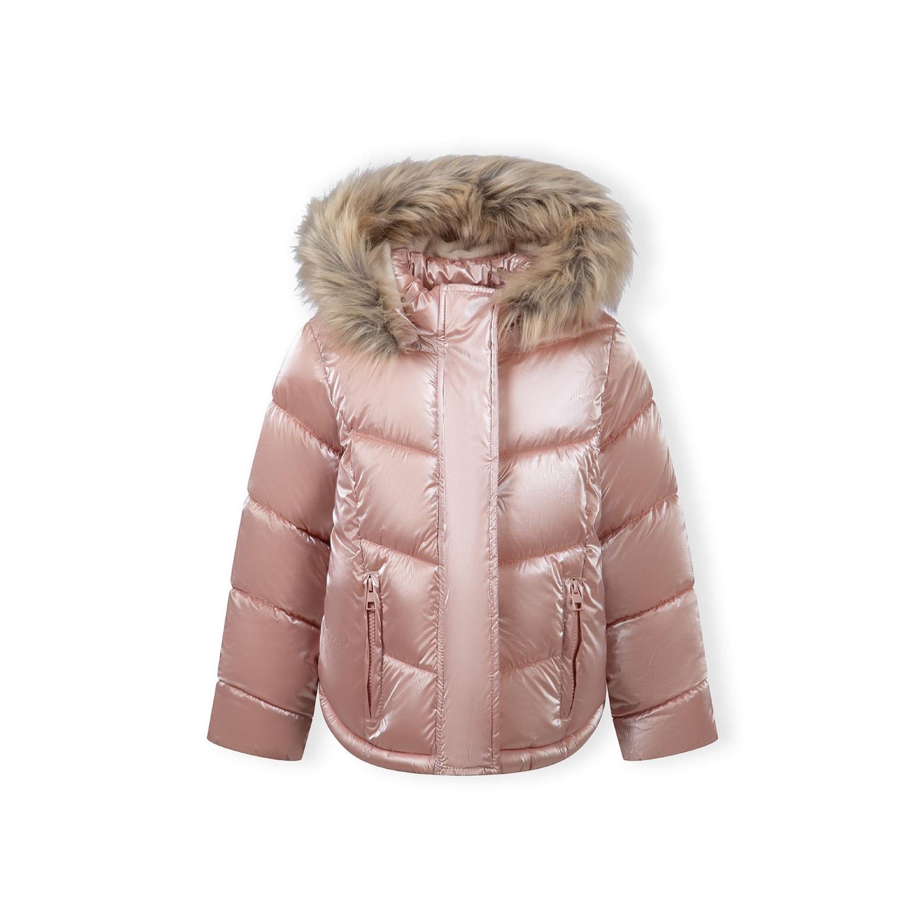 Minoti Girls Winter Jacket With Metallic Finish And Faux Fur Pink
