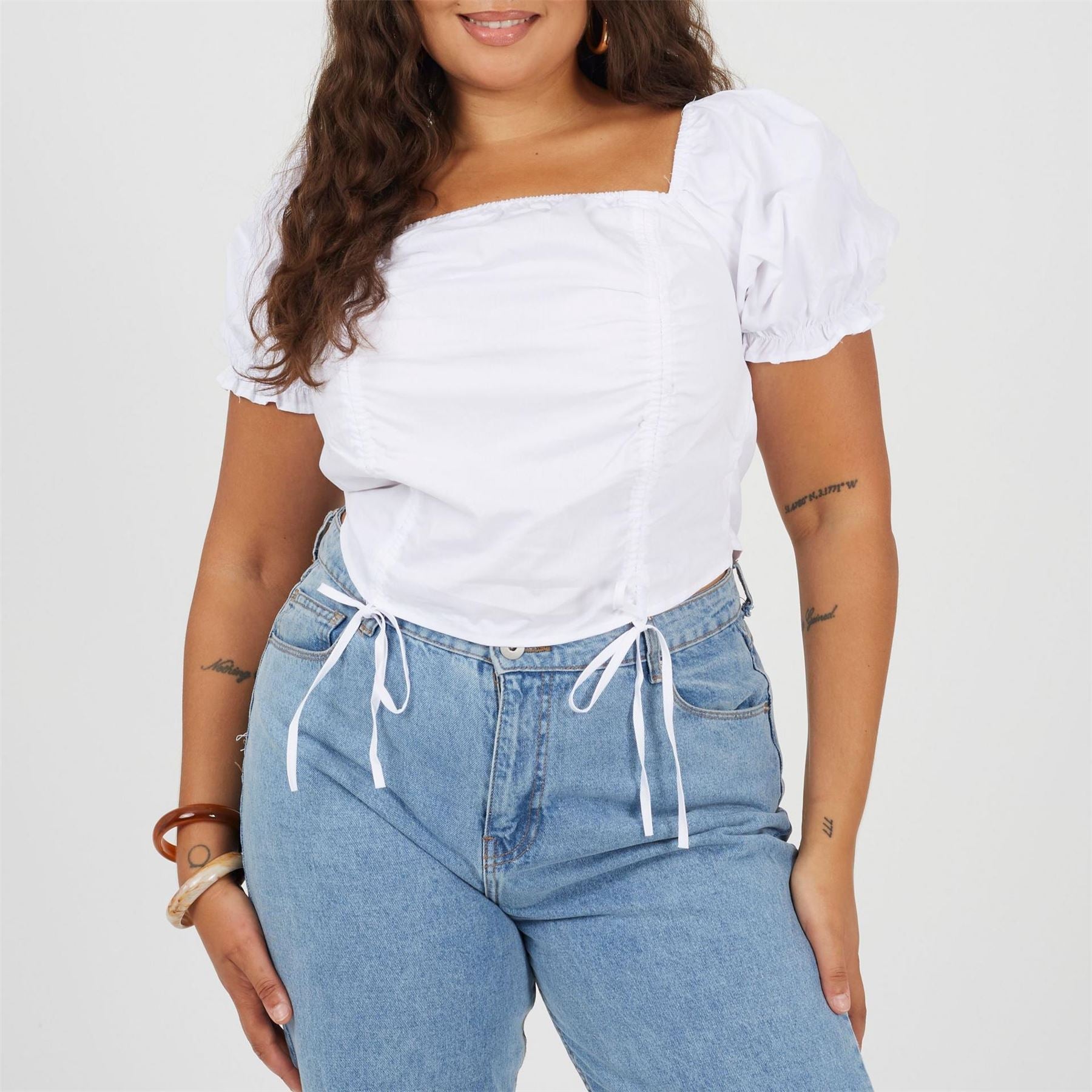 Brave Soul Womens Plus Size Puff Sleeve Top With Ruched And Tie Details.
