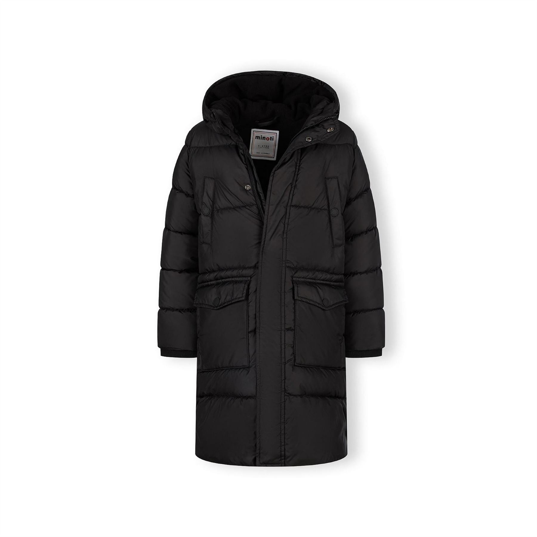 Minoti Boys Long Padded Coat With Hood And Snap Details Black