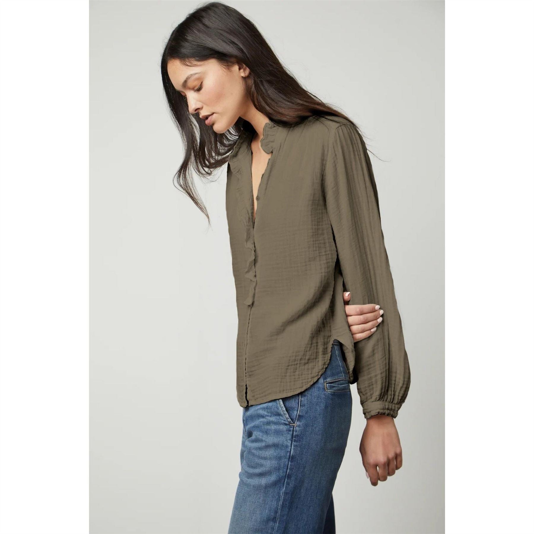 Velvet by Graham and Spencer Regular Fit Puff Sleeve V-Neck Shirt