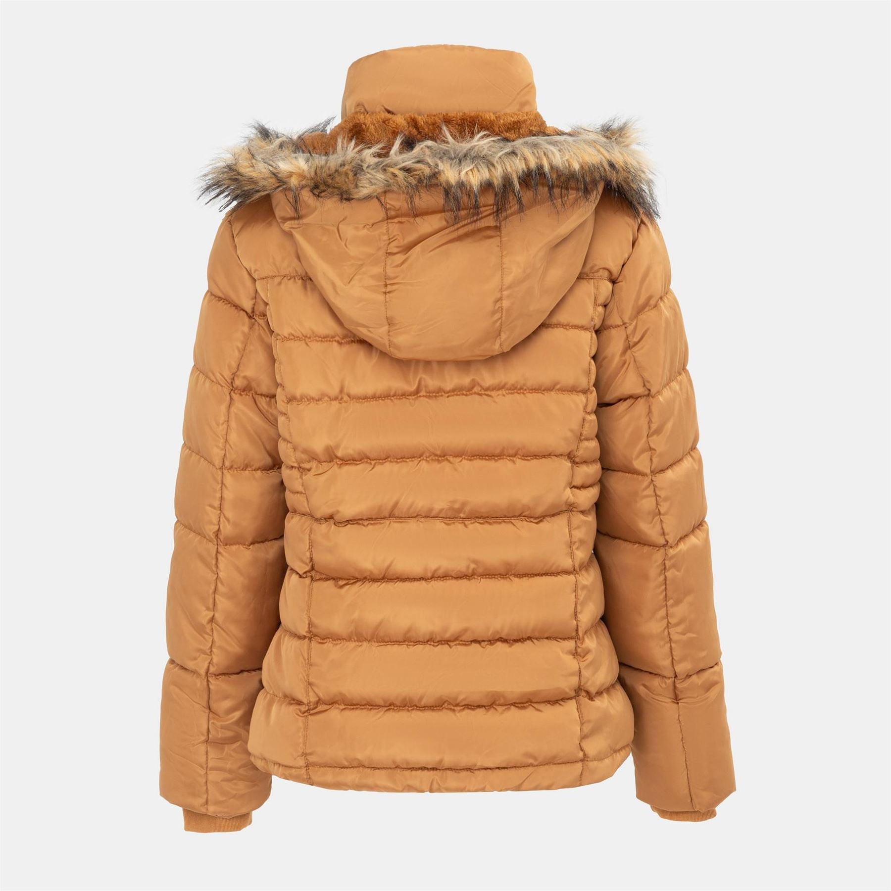 I Saw It First Solid Patterned Hooded Snap Button Fur Trim Ribbed Cuff Parka Jacket