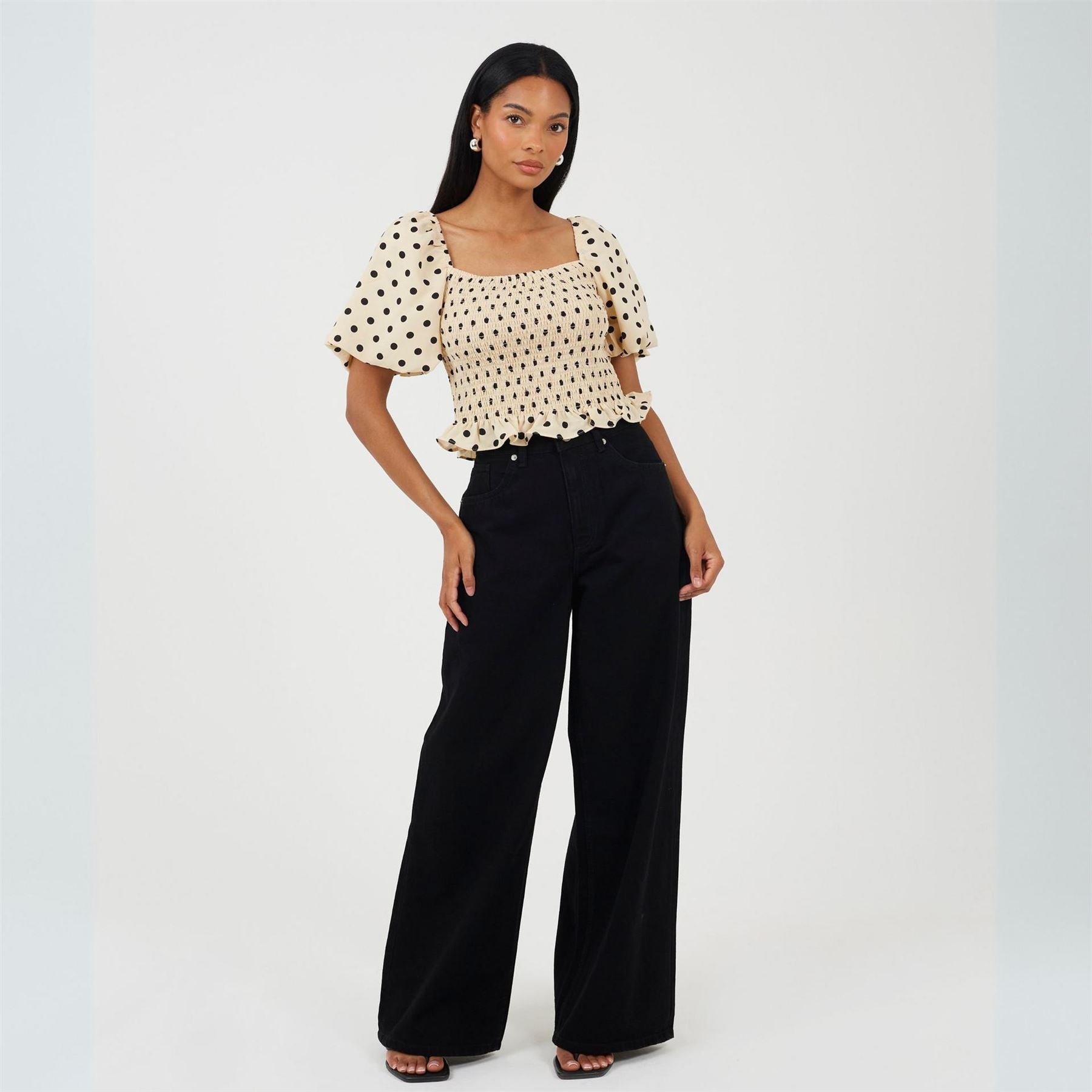 Brave Soul Womens Puff Sleeve Shirred Bust Polka Dot Top