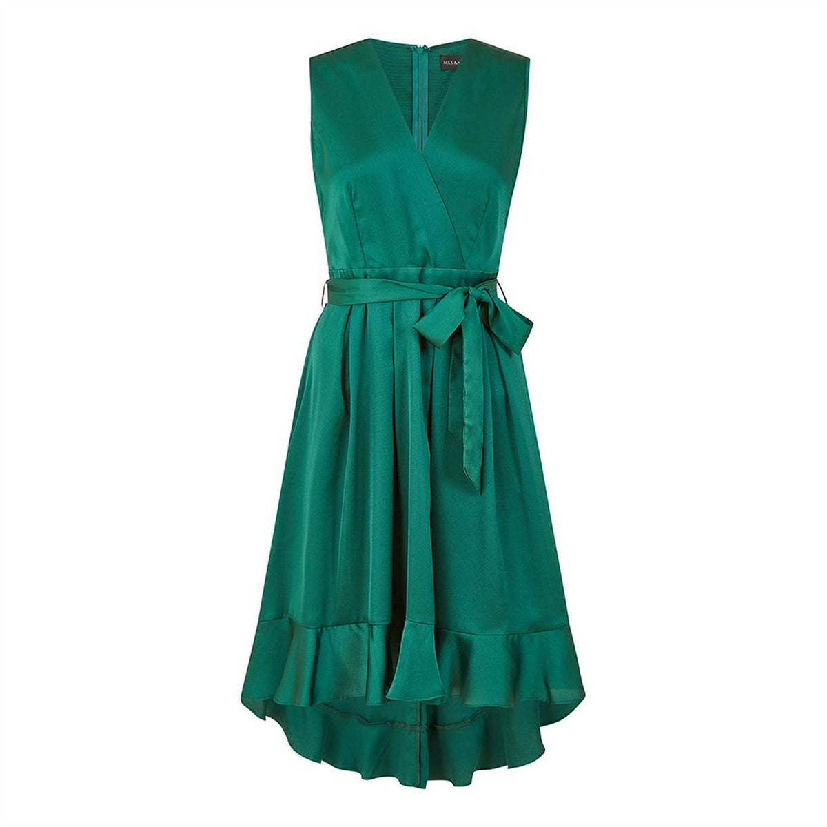 Mela London Green Satin Dipped Hem Midi Wrap Dress