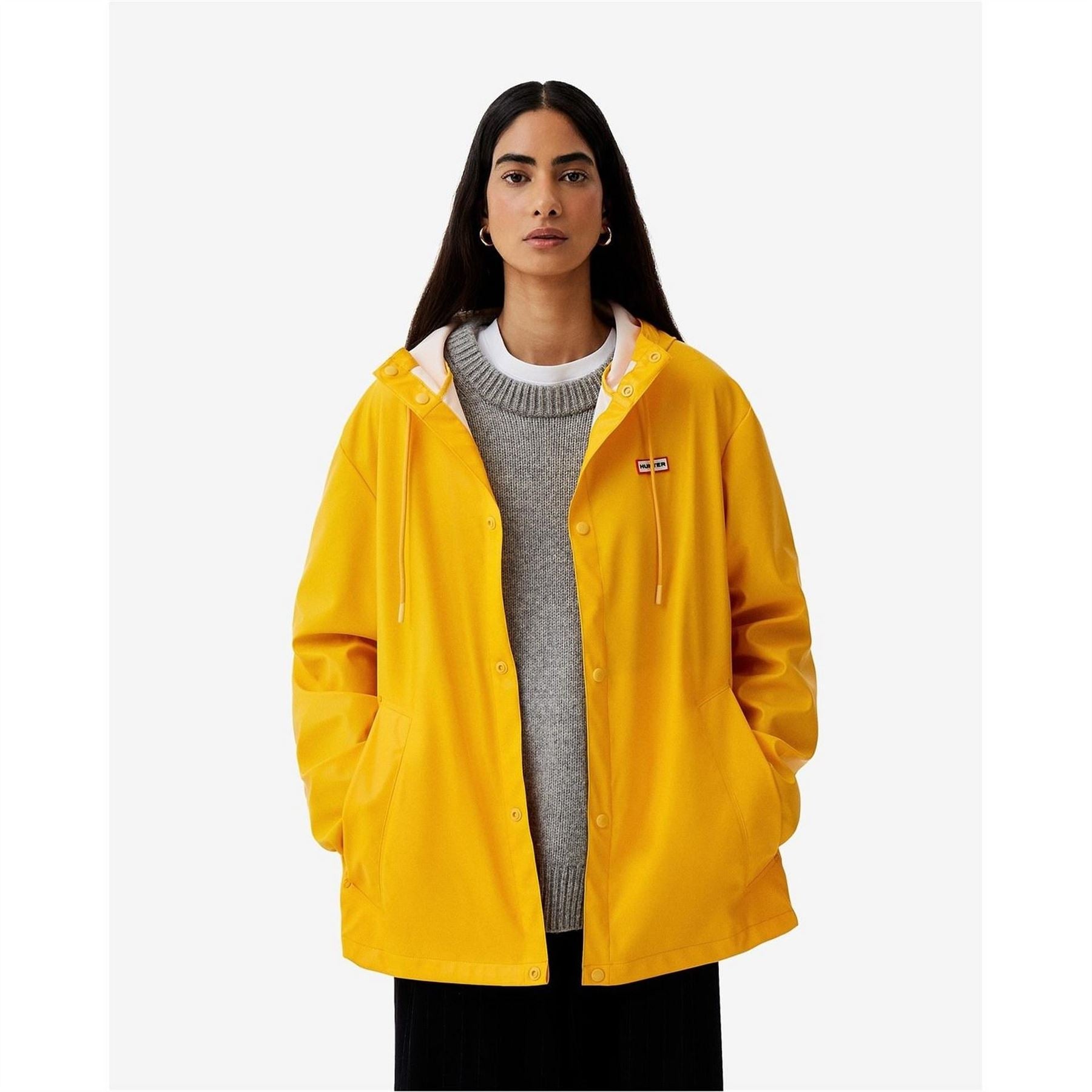 Hunter Solid Patterned Hooded Snap Button Rain Jacket