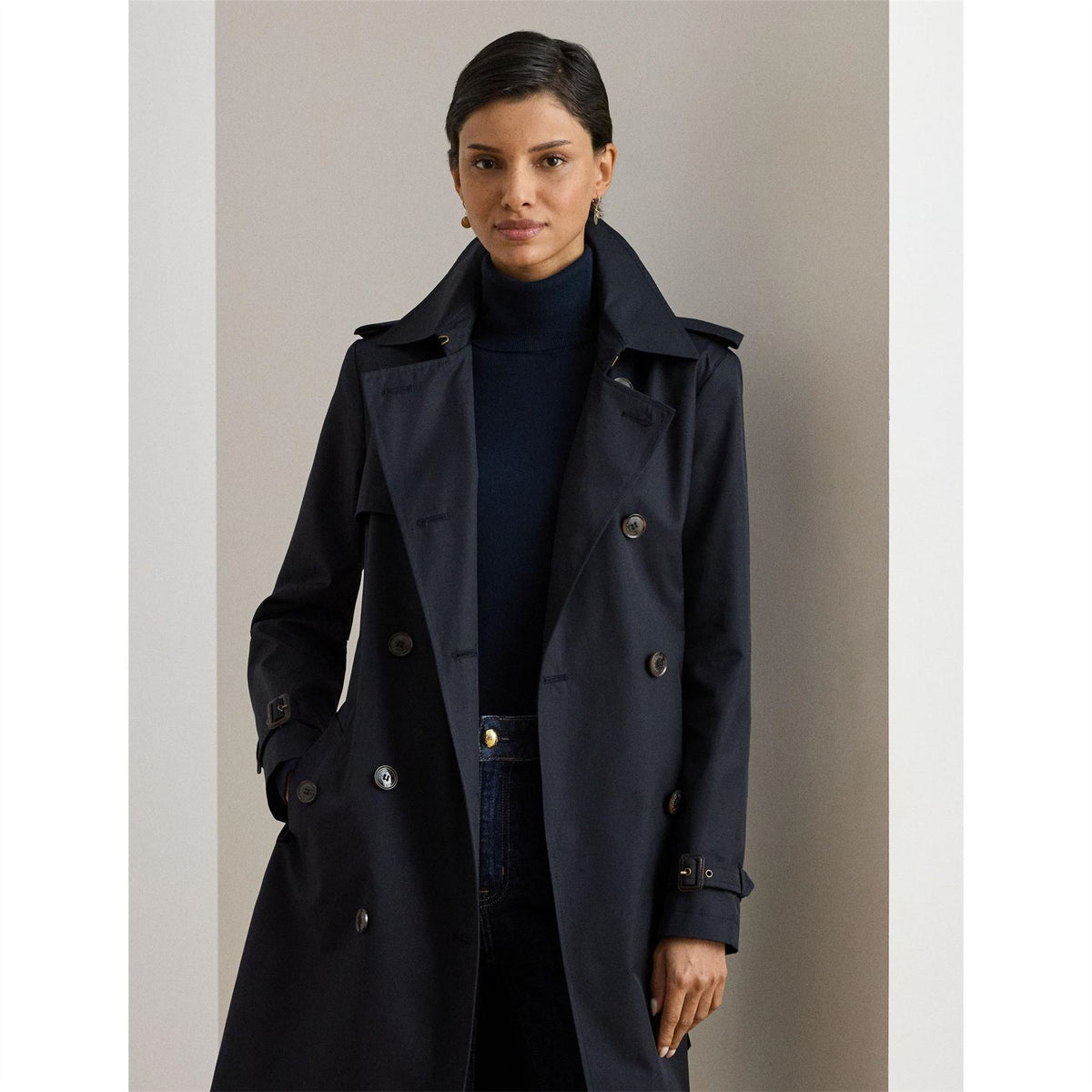 Lauren by Ralph Lauren Solid Patterned Trench Coat with Button Placket and Storm Flap