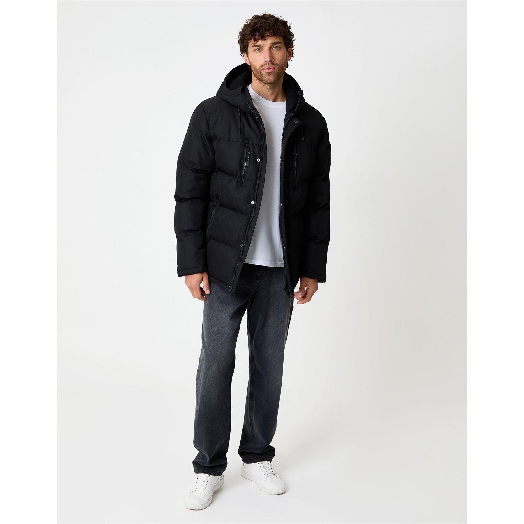 Threadbare Matthew Solid Patterned Hooded Snap Button Zipped Pocket Parka Coat