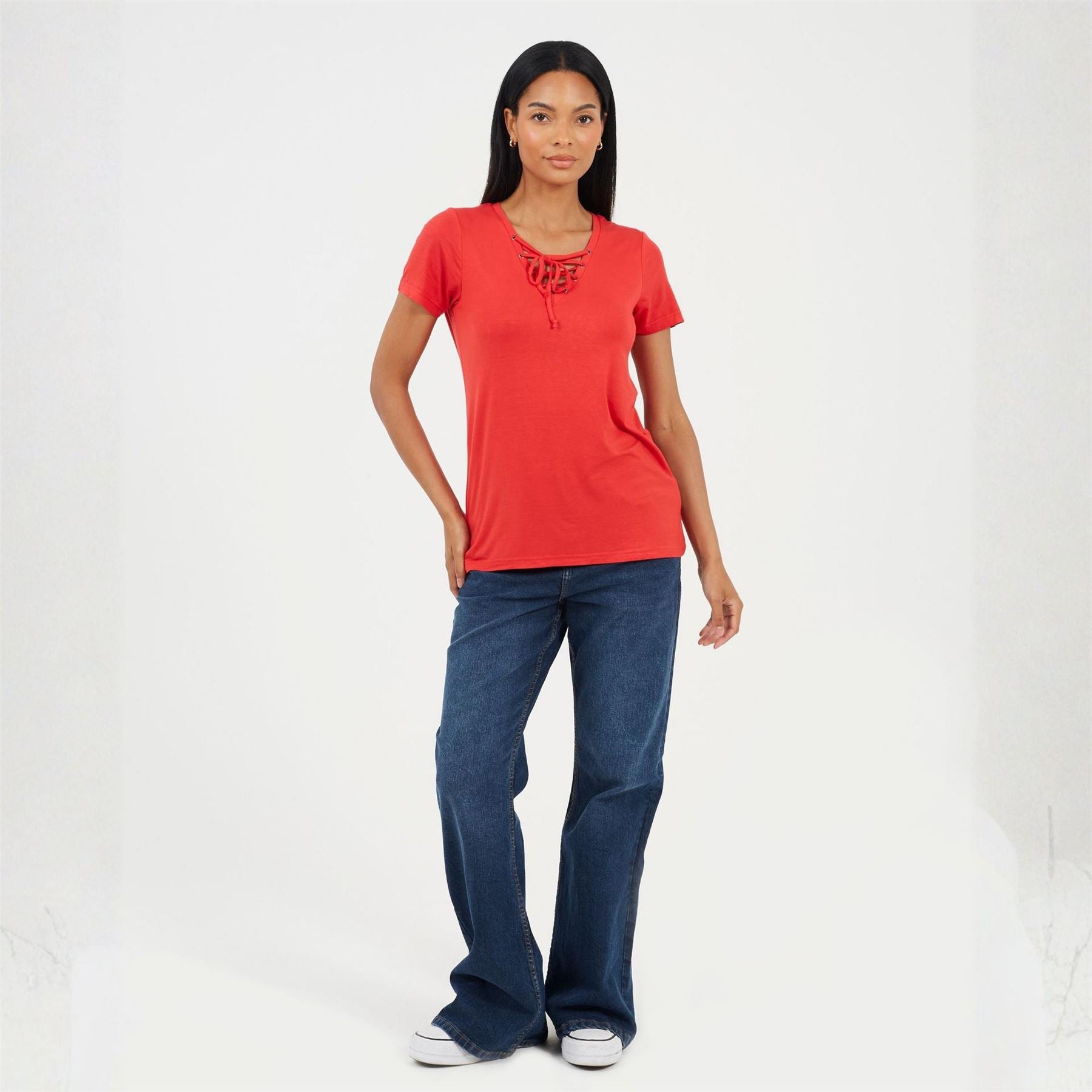 Brave Soul Womens Tie Detail Eyelet Neck T-Shirt