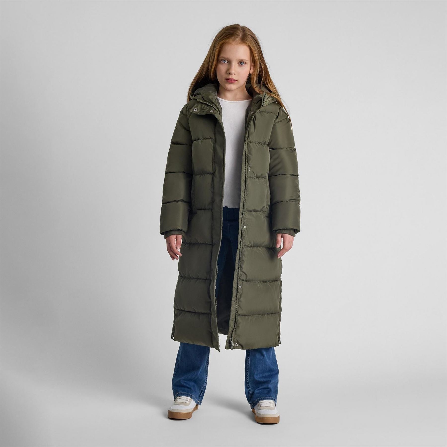Minoti Girls Long Winter Quilted Coat Side Slits Khaki