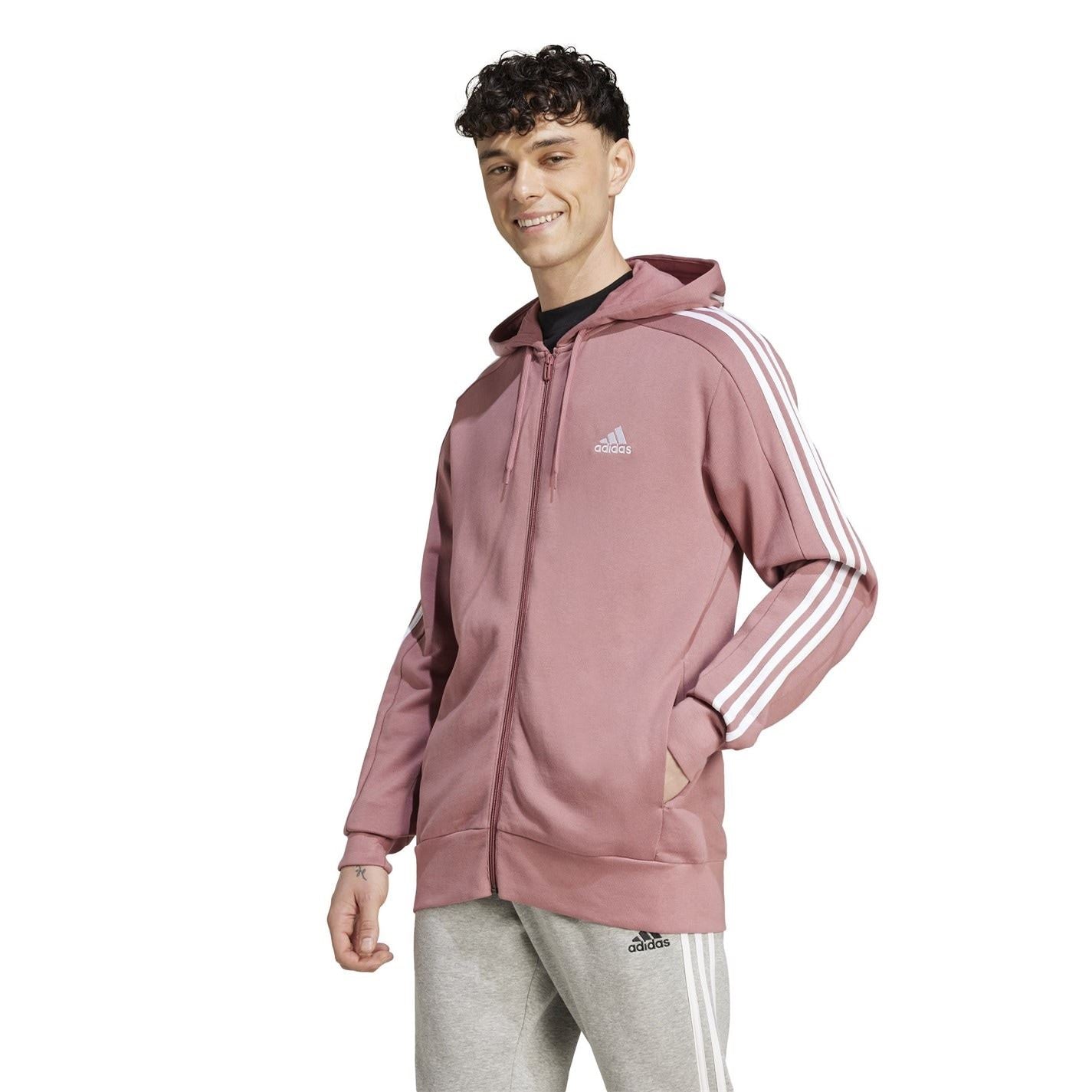 adidas Mens Essentials French Terry 3 Stripes Zip Hoodie