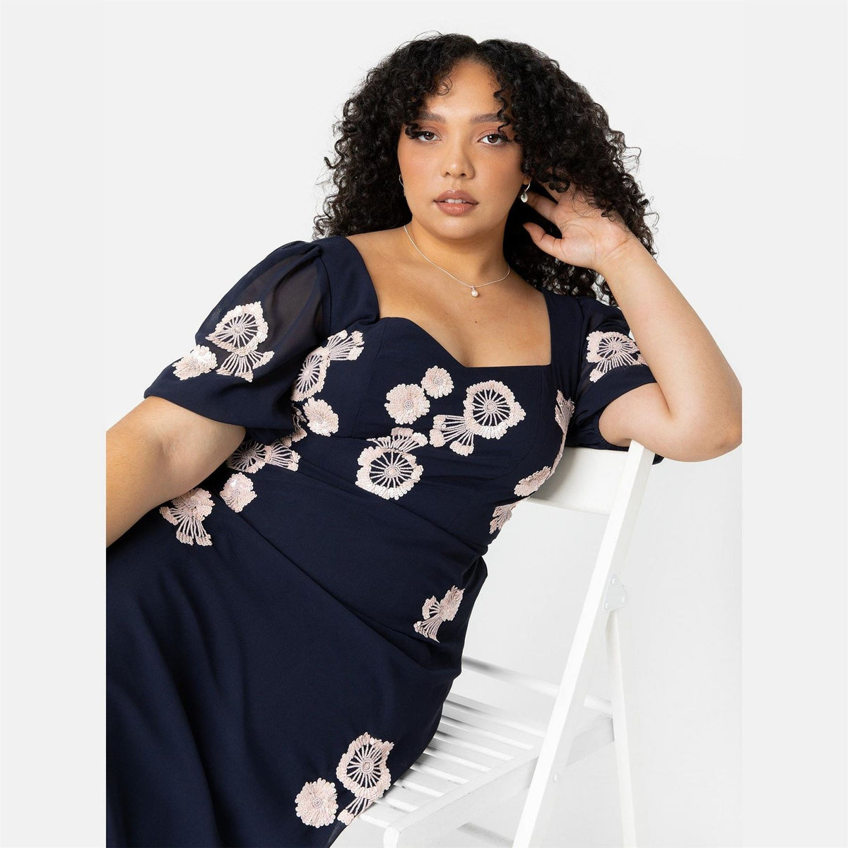 Maya Deluxe Navy Short Sleeve Floral Embellished Maxi Dress