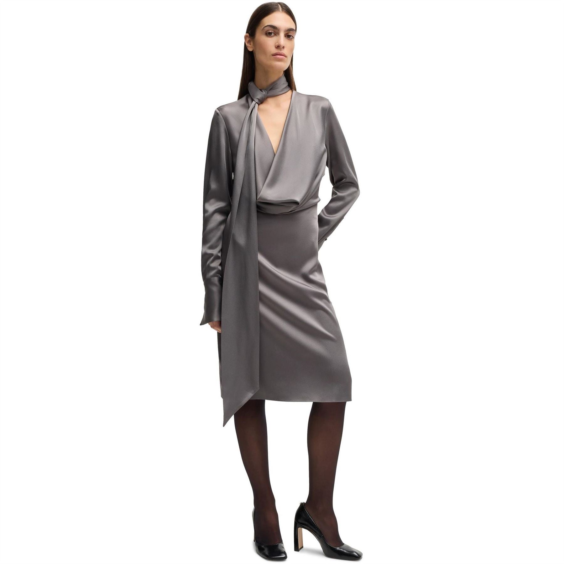Boss Bascarva Tie Neck Long Sleeve Knee Length Dress