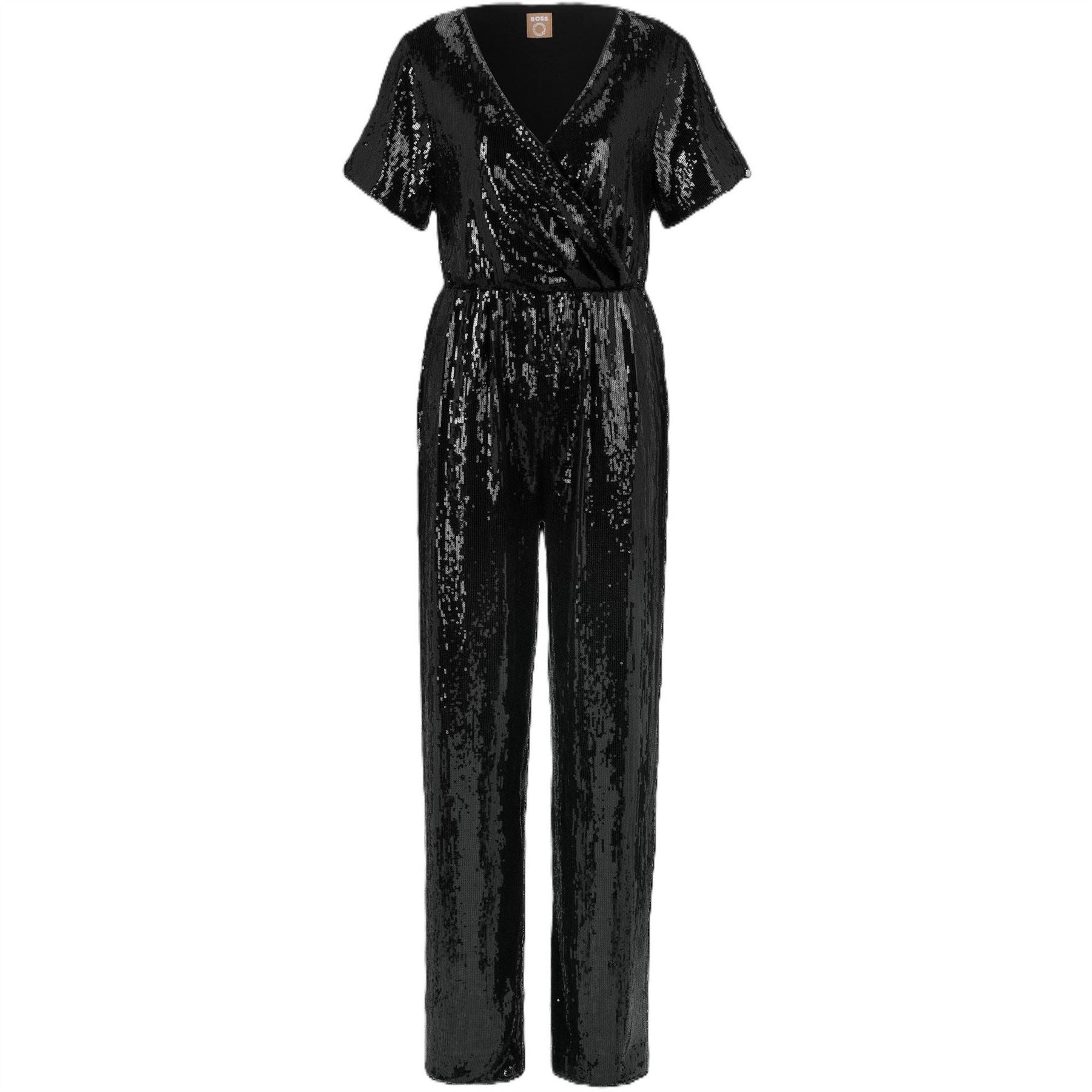 Boss V-Neck Short Sleeve Metallic Patterned Wrap Jumpsuit