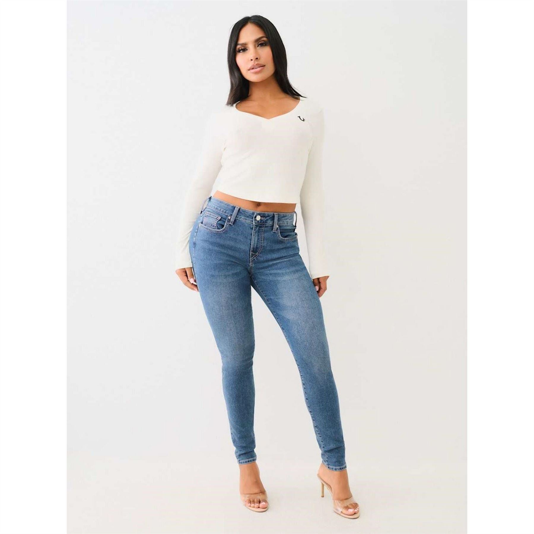 True Religion Womens Jennie Crystal Mid Rise Skinny Jeans