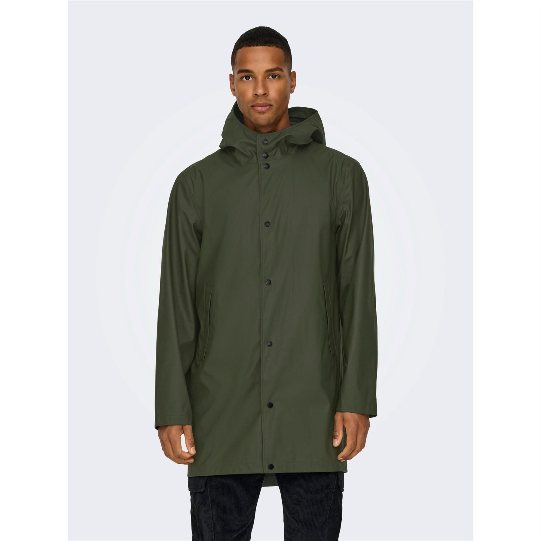 Only Solid Patterned Hooded Snap Button Rain Coat