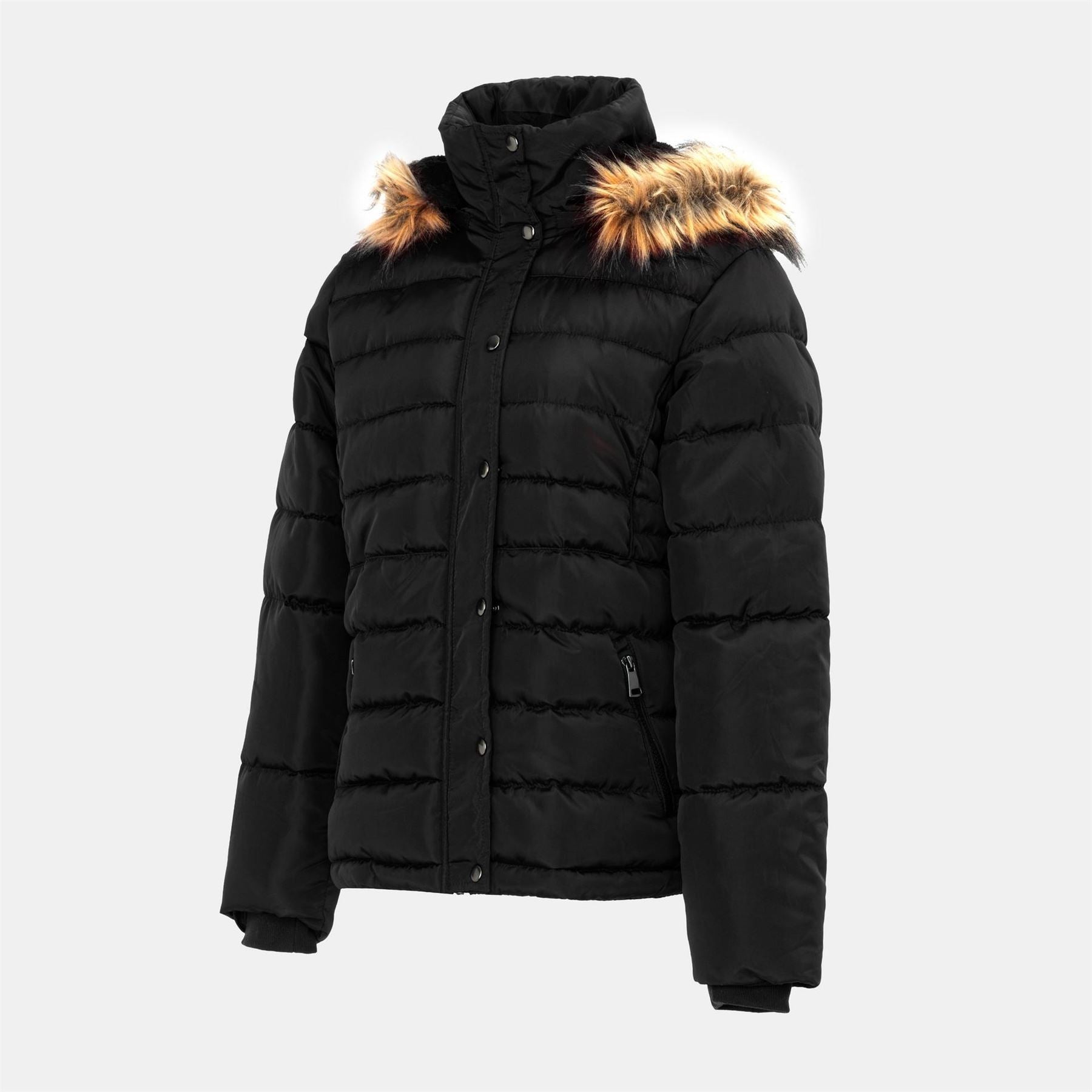 I Saw It First Solid Patterned Hooded Snap Button Fur Trim Ribbed Cuff Parka Jacket
