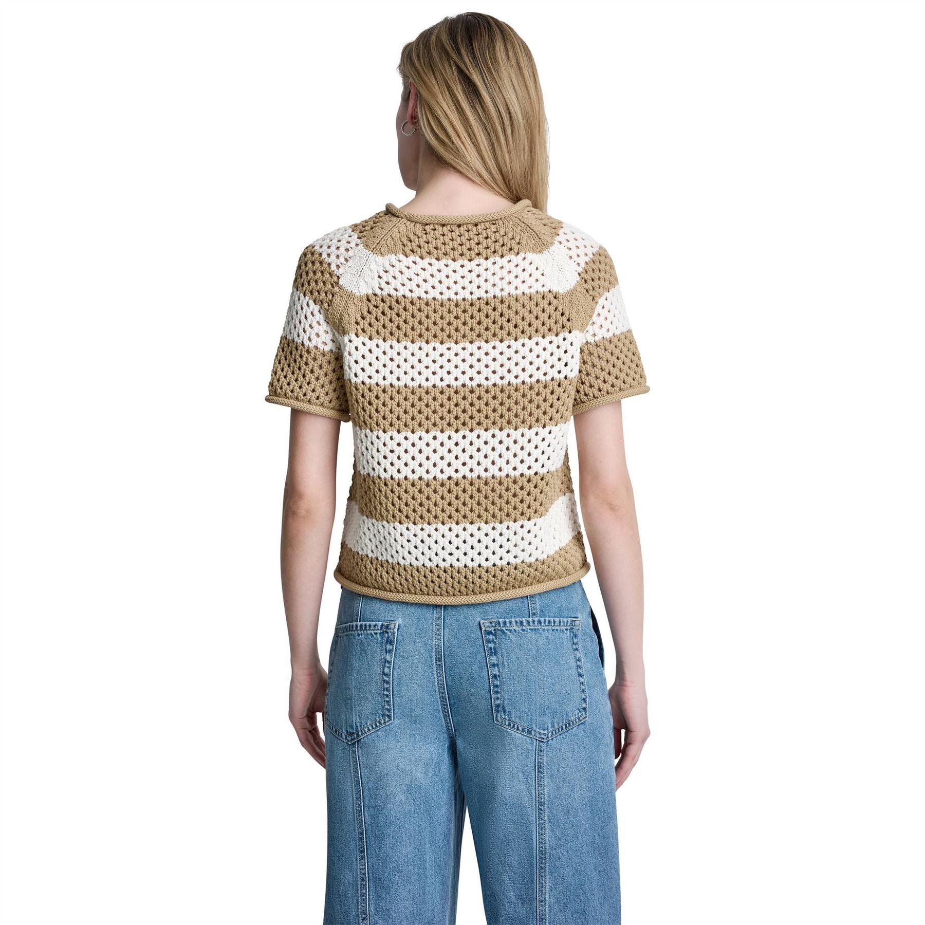 DKNY Short Sleeve Raglan Stripe Pointelle Sweater