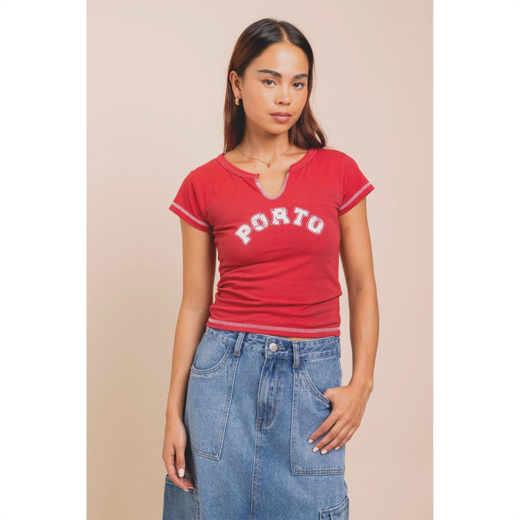 Daisy Street Cropped Notched Neck Lettering T-Shirt
