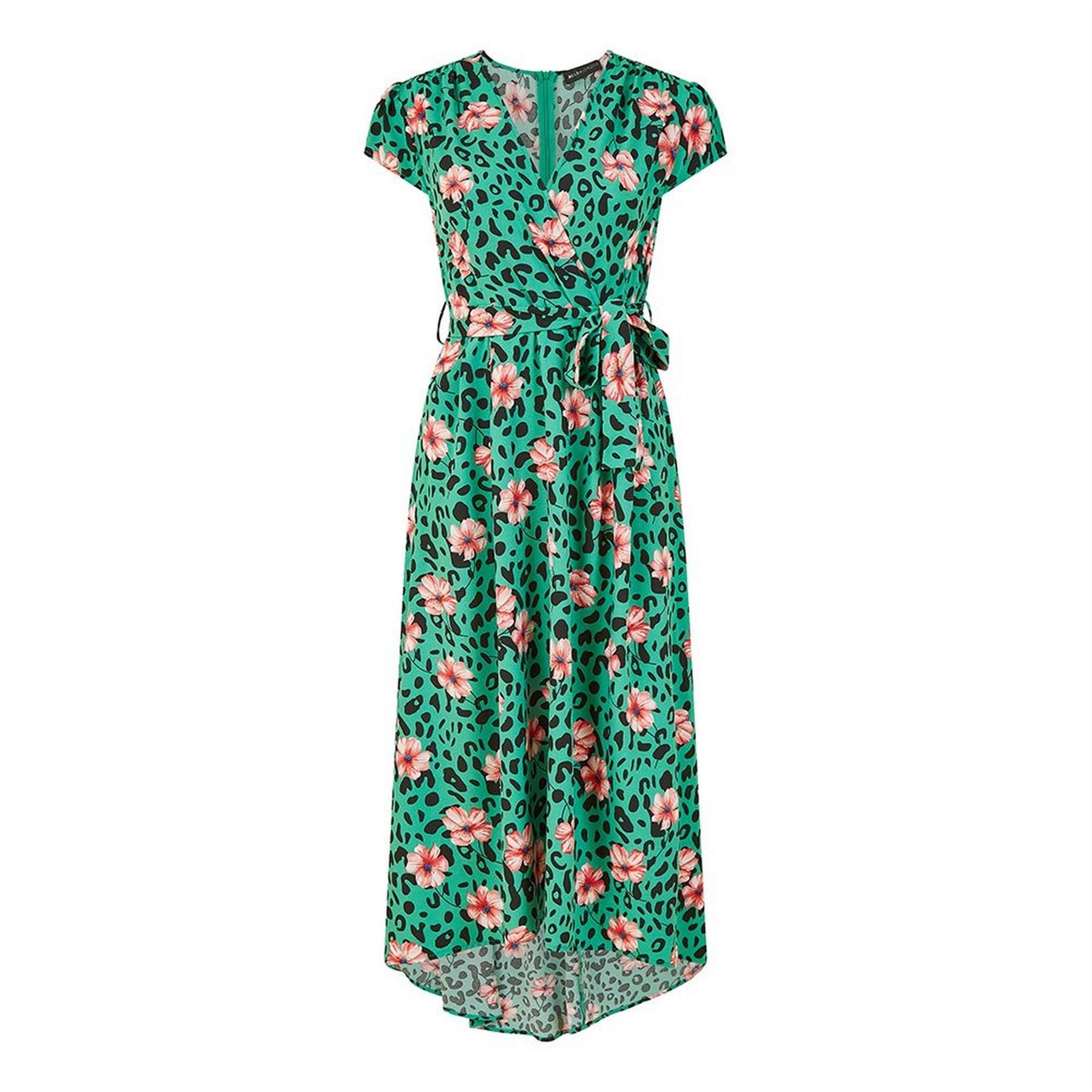 Mela London Green Animal Print Dipped Hem Wrap Dress