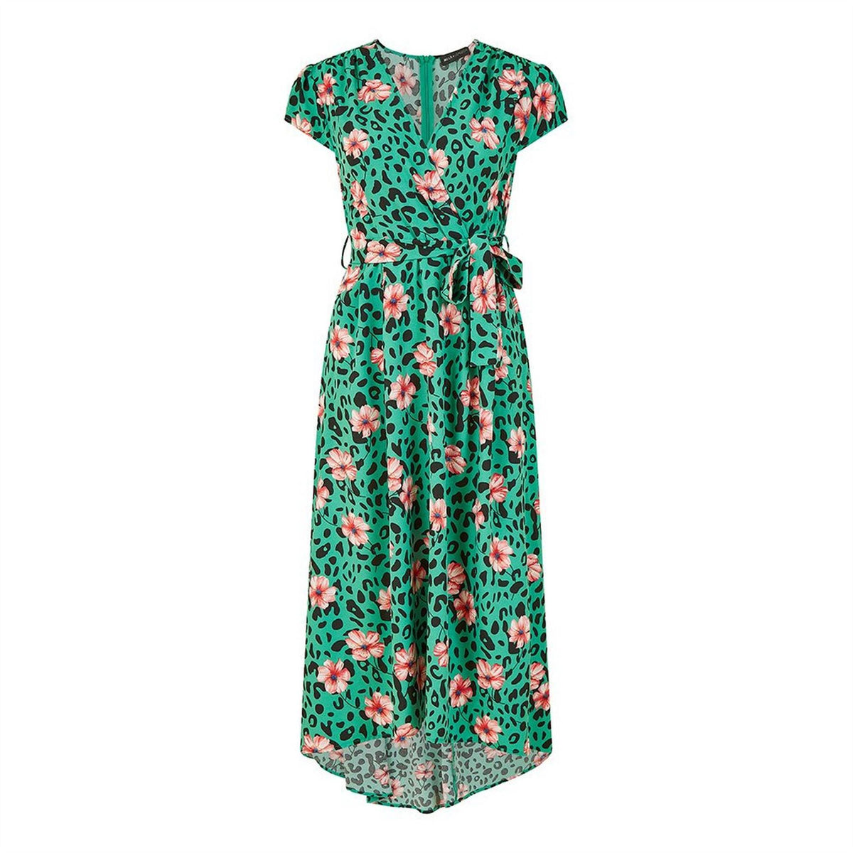 Mela London Green Animal Print Dipped Hem Wrap Dress