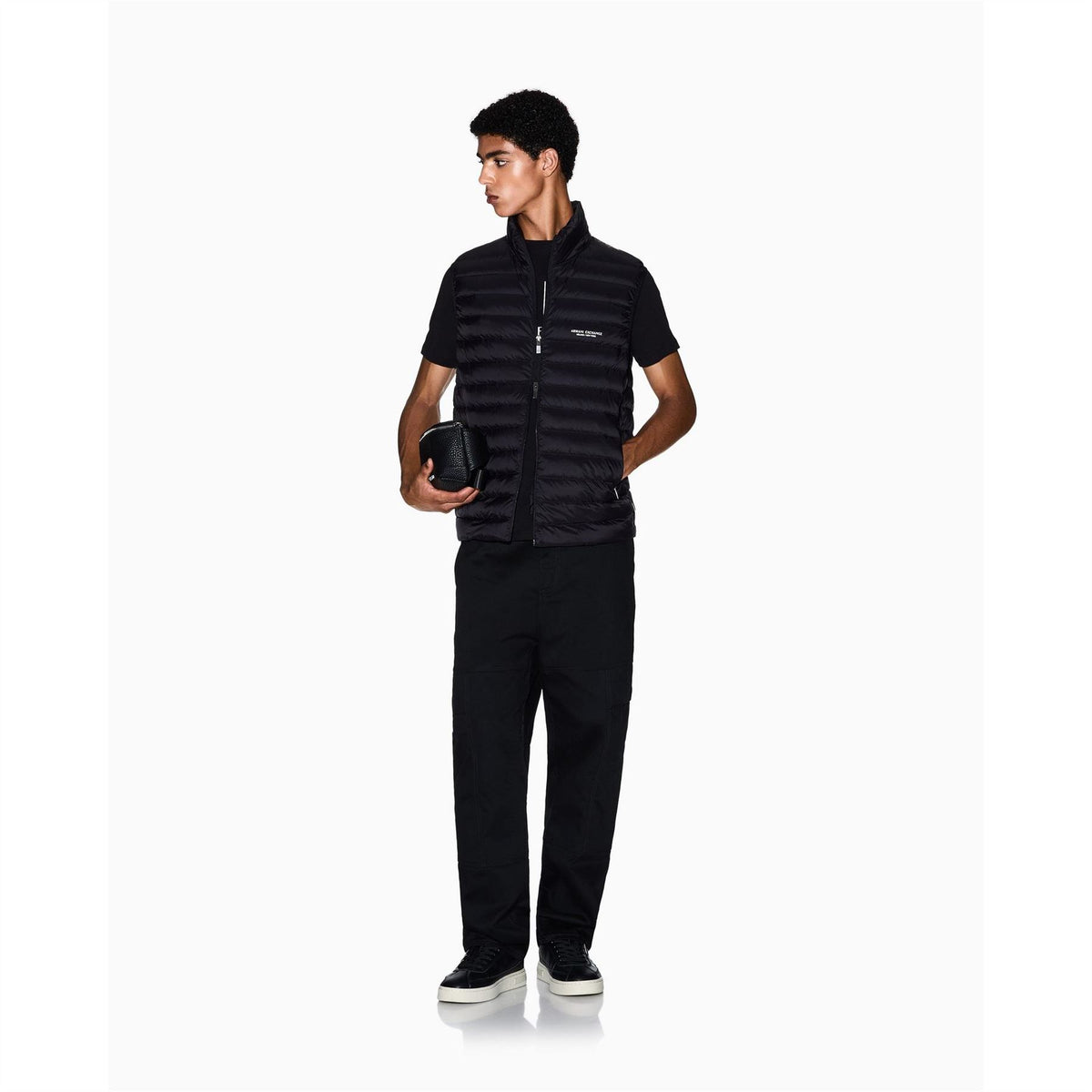 Armani Exchange Horizontal Stripe Two-Way Zipper Waist Coat with Printed Logo