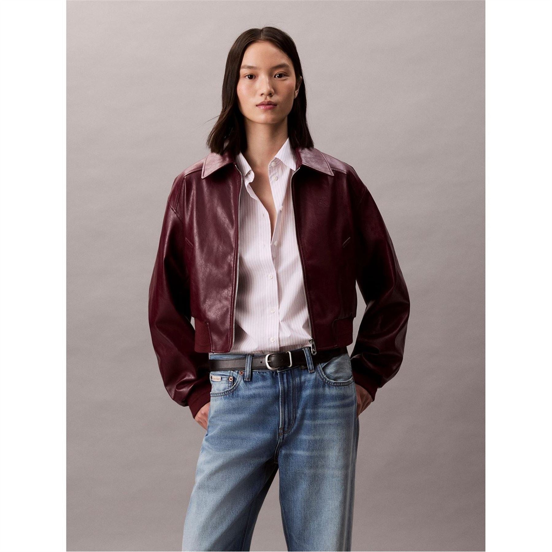 Calvin Klein Jeans Solid Patterned Snap Button Ribbed Cuff Bomber Jacket