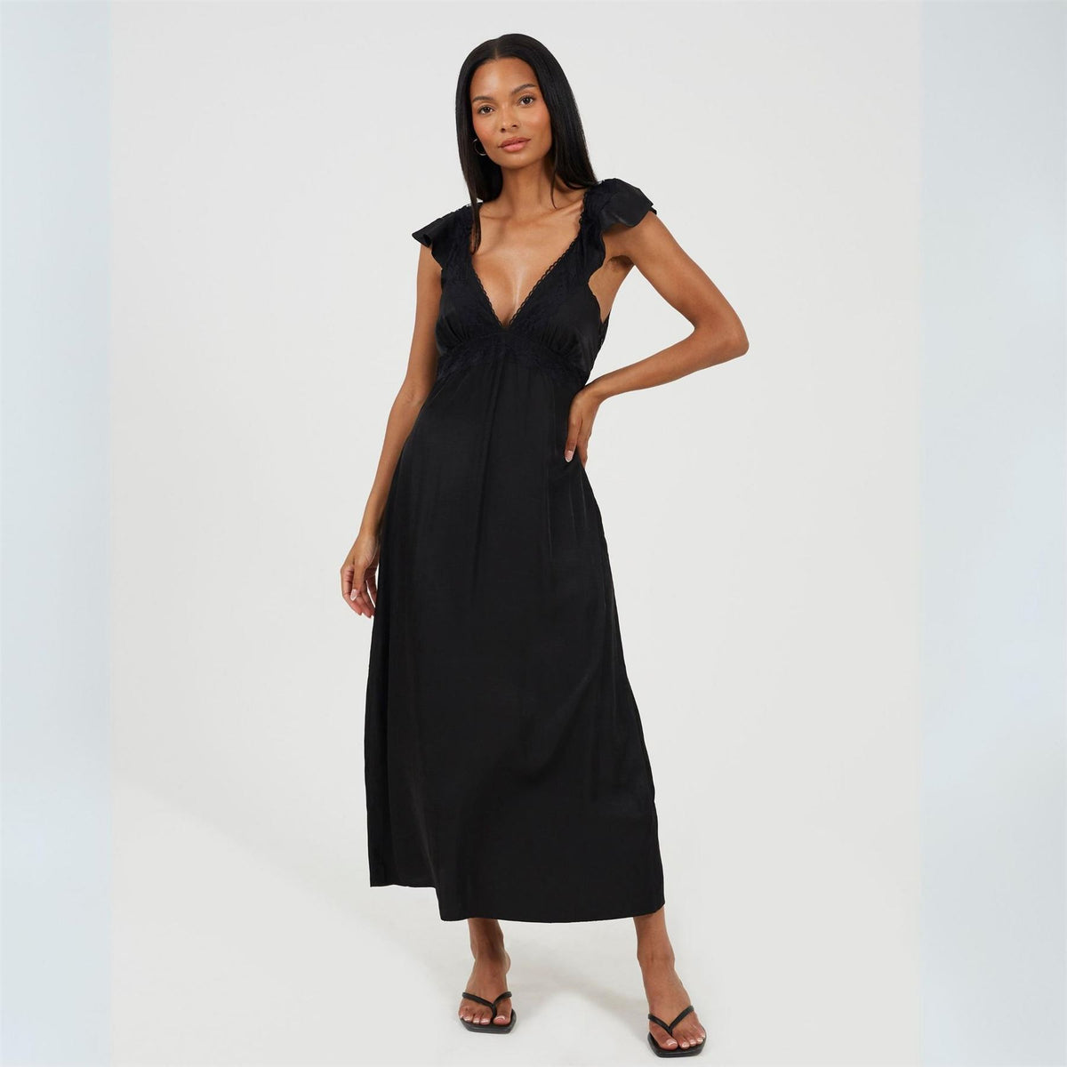 Brave Soul Lace Trim V Neck Midi Dress with Frill