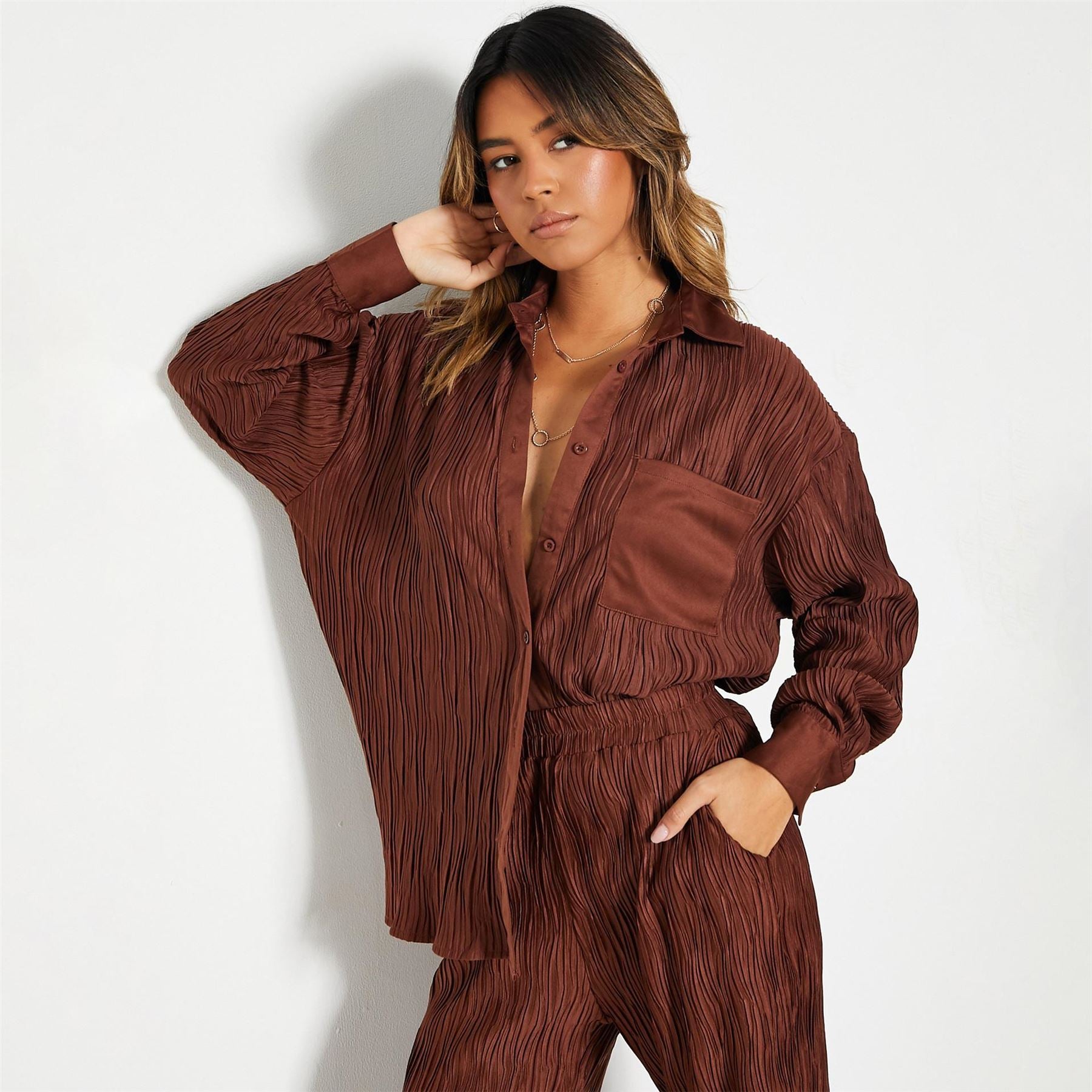 I Saw It First Isif Oversized Crinkled Long Sleeve Plain Shirt