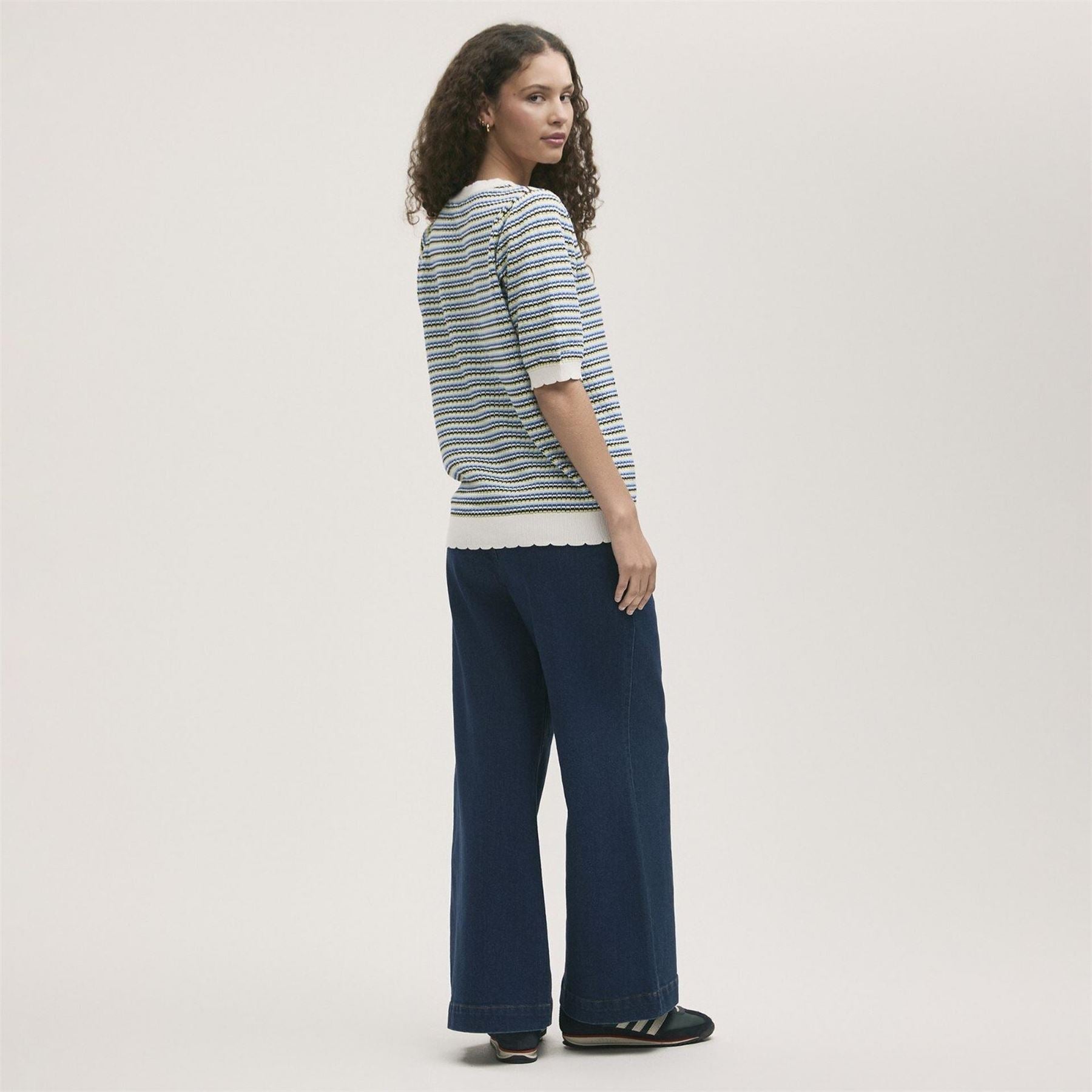 Finery Relaxed Fit Short Sleeve Scallop Ribbed Hem Sweater